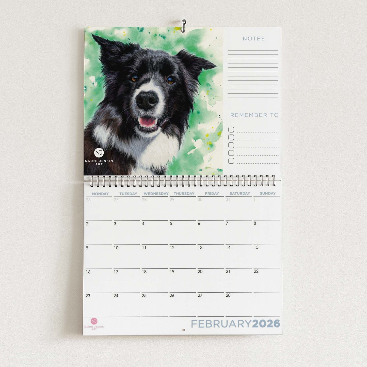 2026 Calendar with a border collue dog on a green background - Naomi Jenkin Art