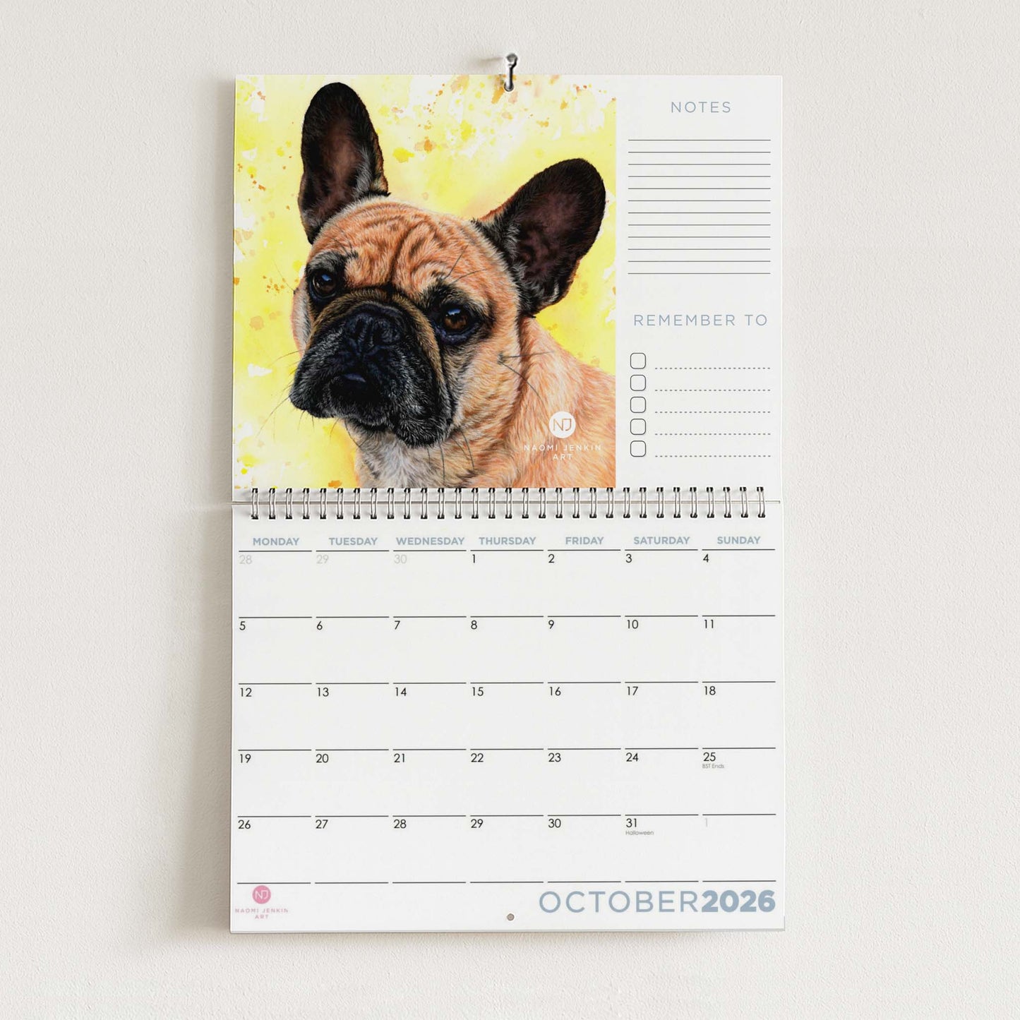 2026 Calendar with a french bulldog on a yellow background - Naomi Jenkin Art