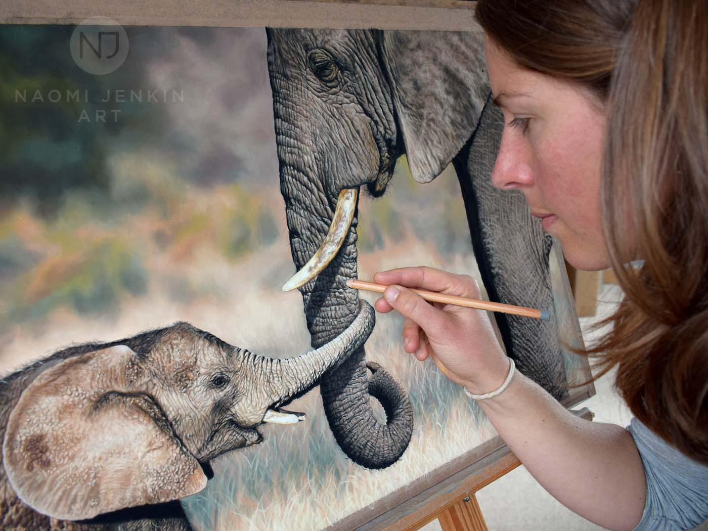Wildlife artist Naomi Jenkin creating her elephant drawing "Little and Large in pastels.