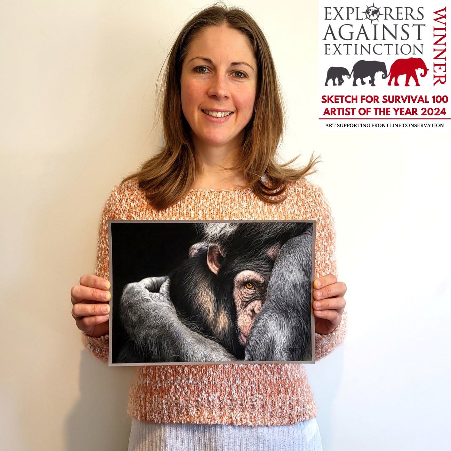 Wildlife artist Naomi Jenkin with her award winning chimpanzee drawing "Embrace", Explorers Against Extinction 'Sketch for Survival 2024' Winner.