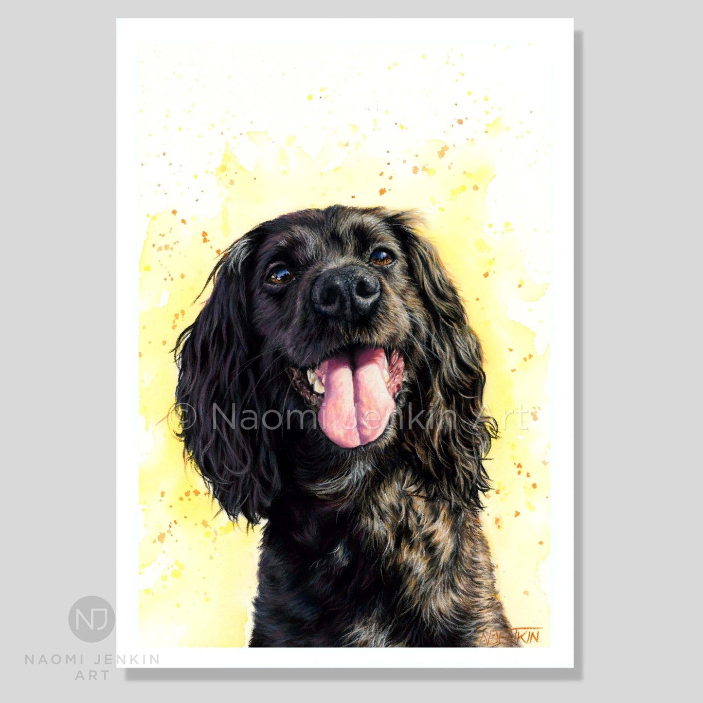 Dog art print of a black working Cocker Spaniel from Naomi Jenkin Art.