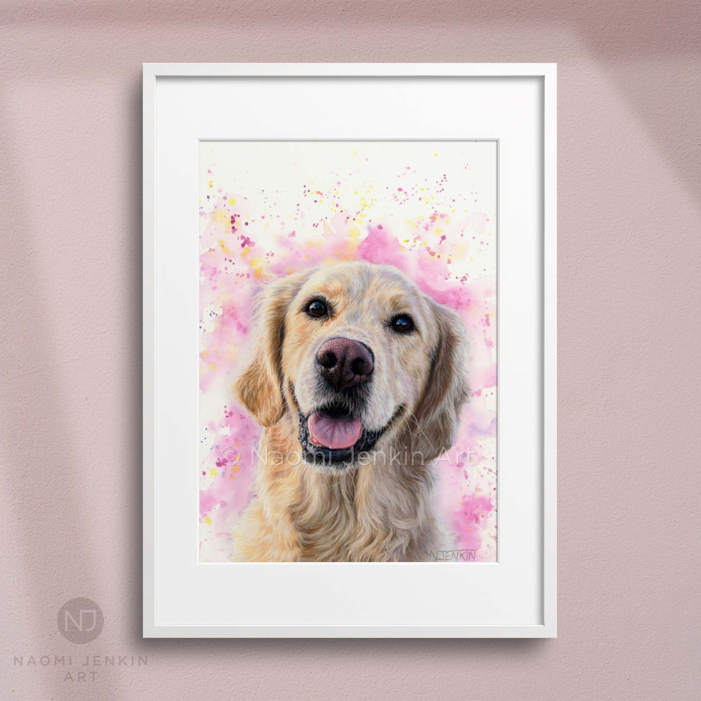 Framed dog art print of a Golden Retriever from Naomi Jenkin Art.
