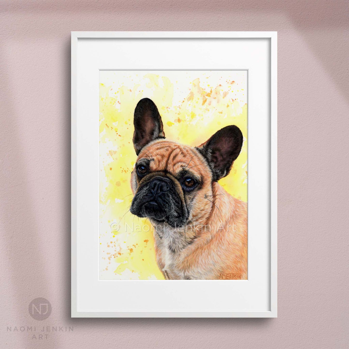 Framed dog art print of a French Bulldog from Naomi Jenkin Art.
