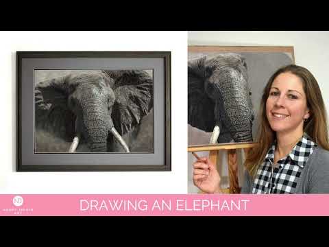 Realistic elephant painting "The Elephant Charge" being drawn in pastels by wildlife artist Naomi Jenkin. 