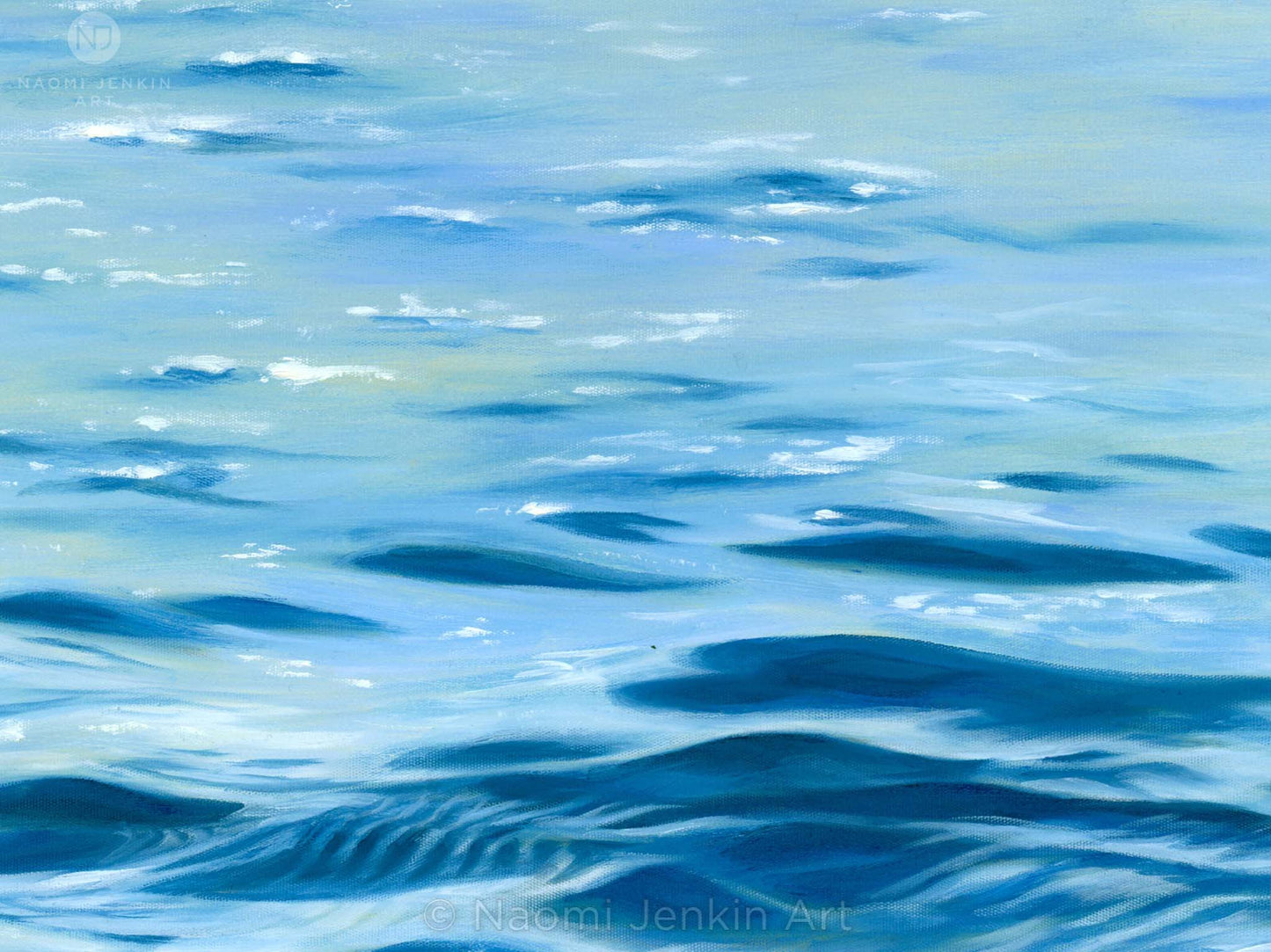 Close up of 'Serenity' - an original seascape painting of calm water reflections by Naomi Jenkin.