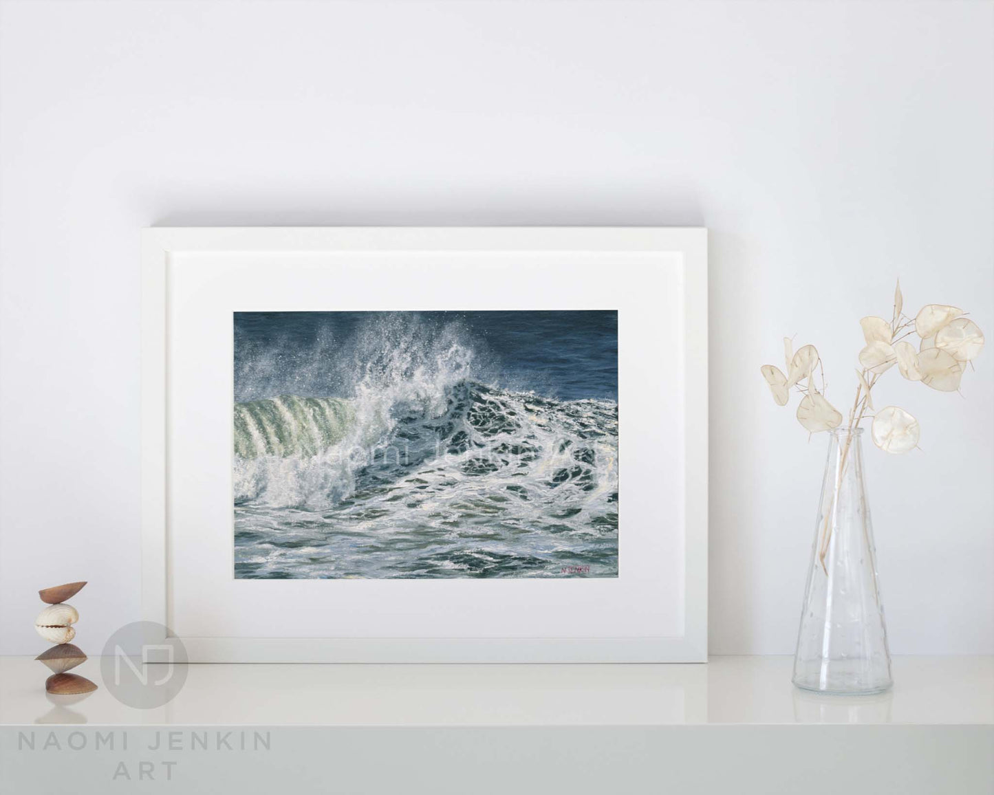 Froth and Spray' seascape print by artist Naomi Jenkin Art in a white frame