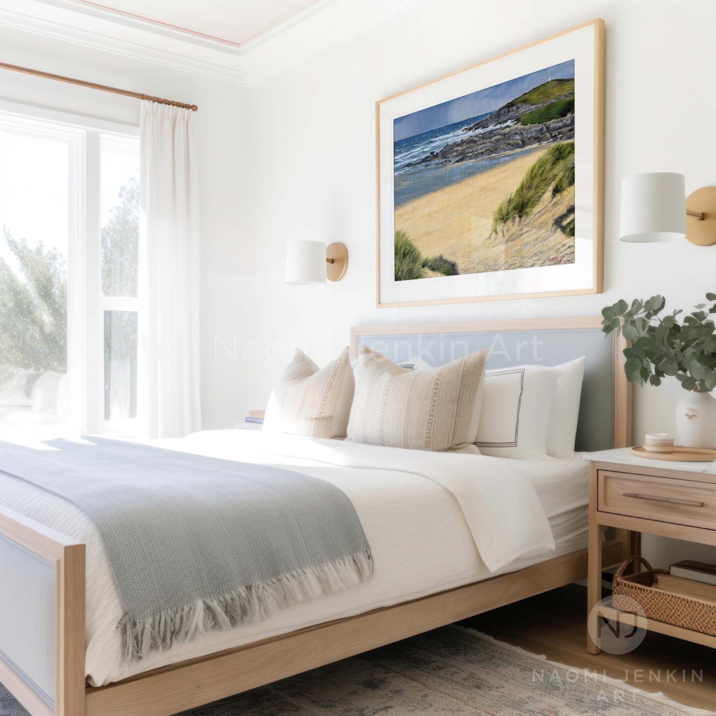 Framed 'Autumn Showers Fistral' seascape print by Naomi Jenkin in a bedroom setting