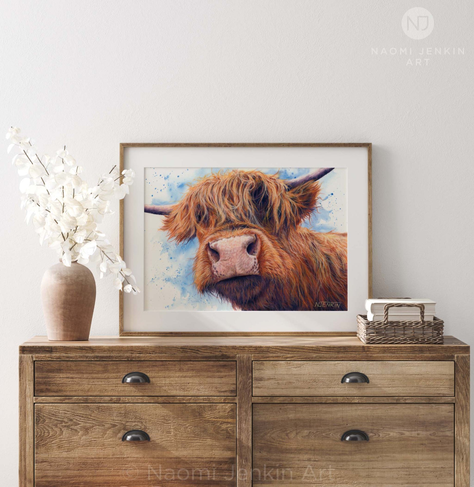 Original contemporary highland cow painting "Bad Hair Day" by Naomi Jenkin Art displayed in a wooden frame.
