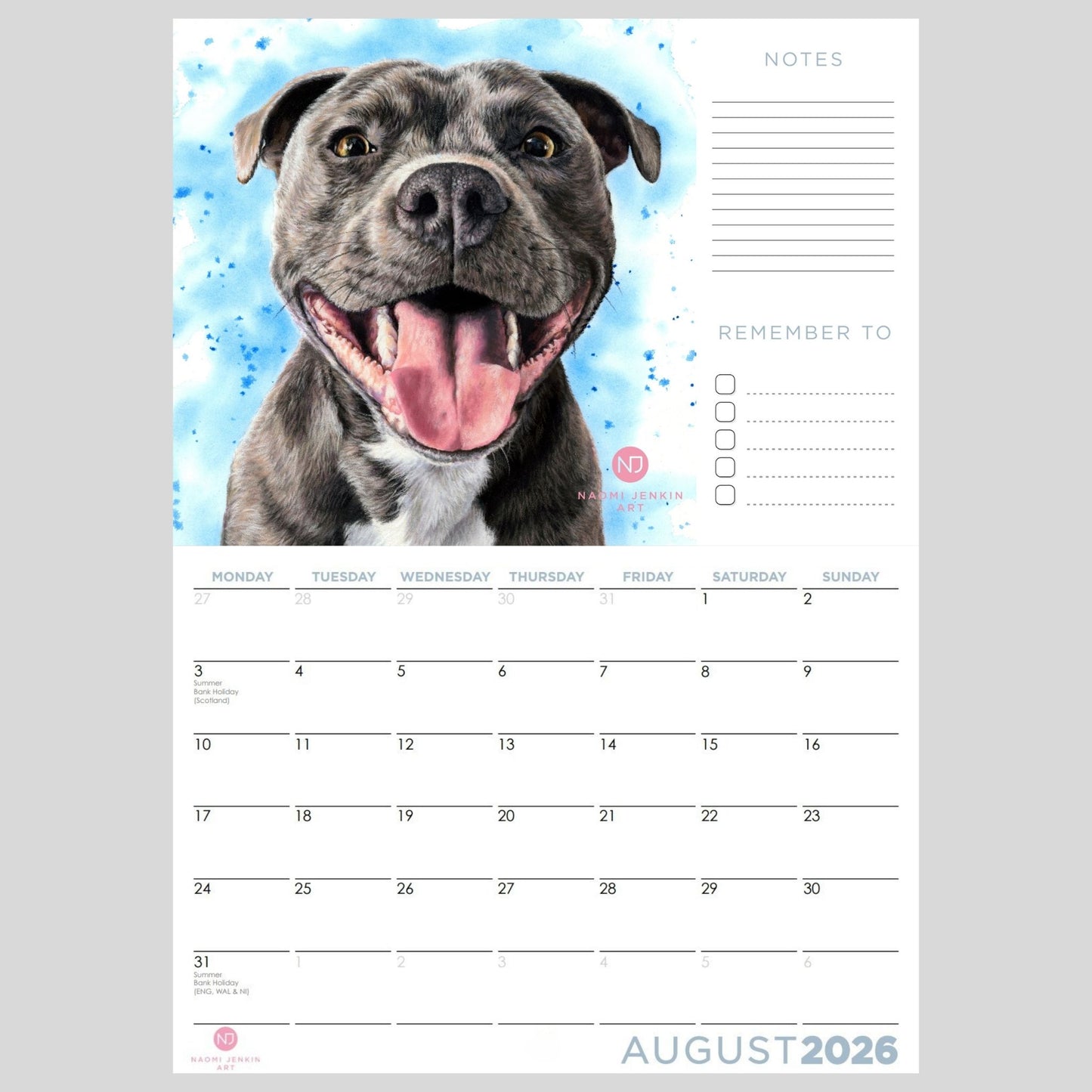 2026 Calendar with staffy dog illustration by Naomi Jenkin Art