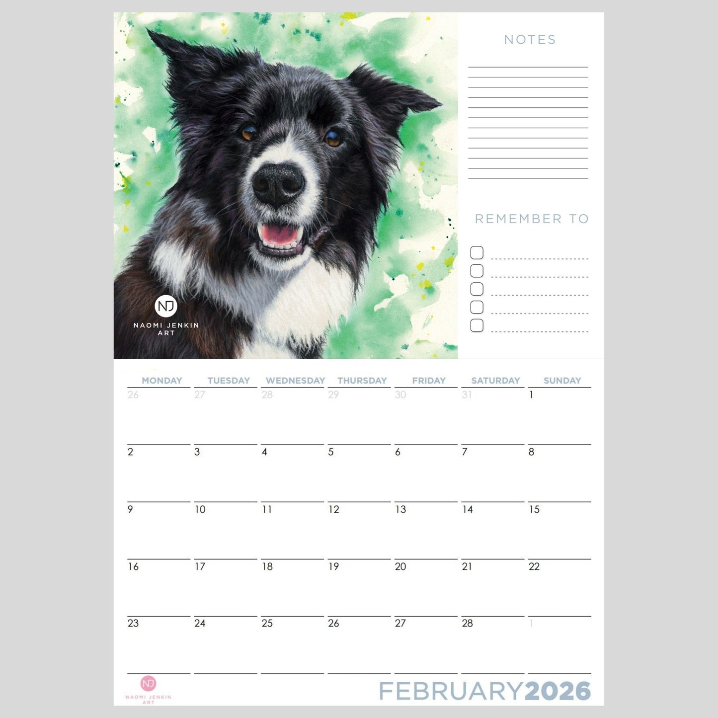 Dog art 2026 calendar Naomi Jenkin Art