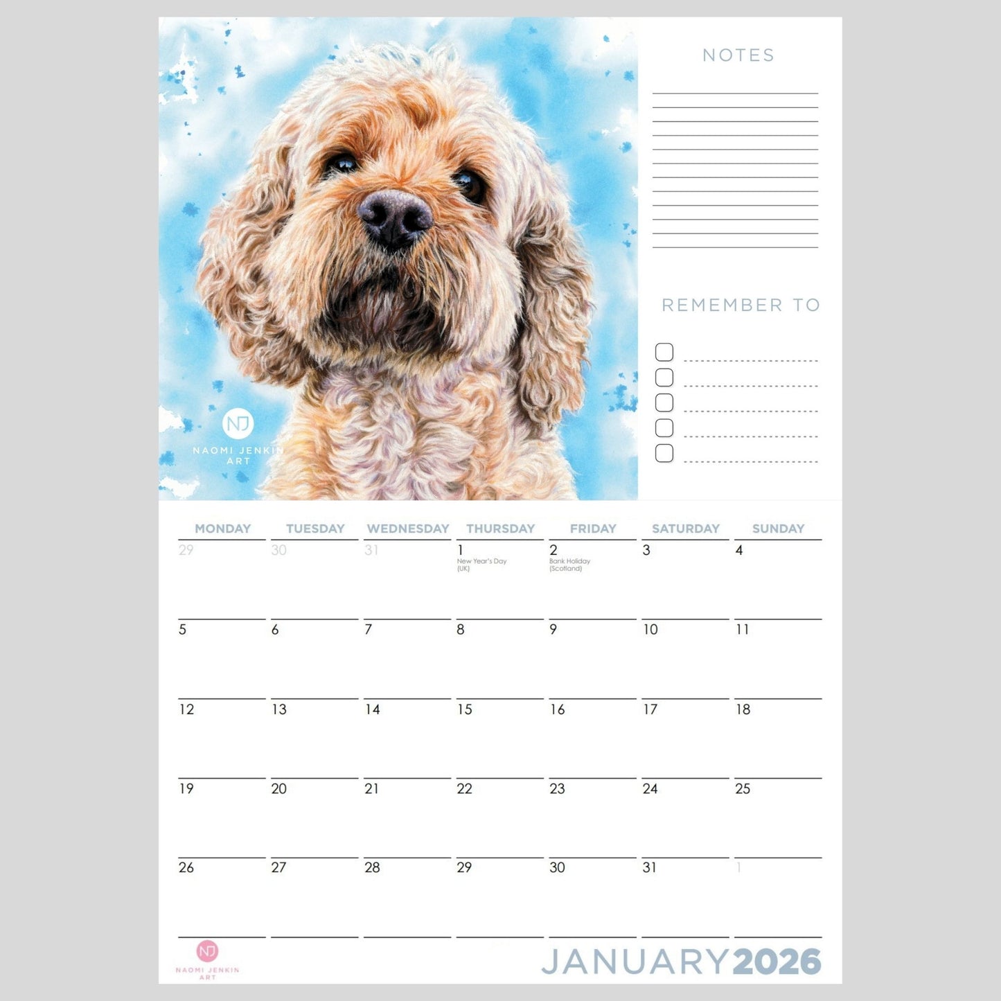 Dog art 2026 calendar Naomi Jenkin Art