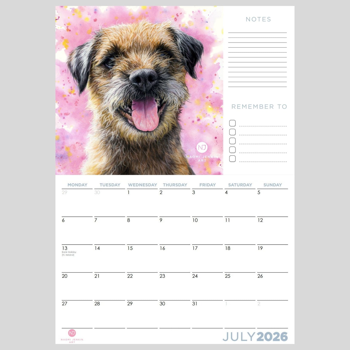 Calendar with a dog illustration on a pink watercolor background