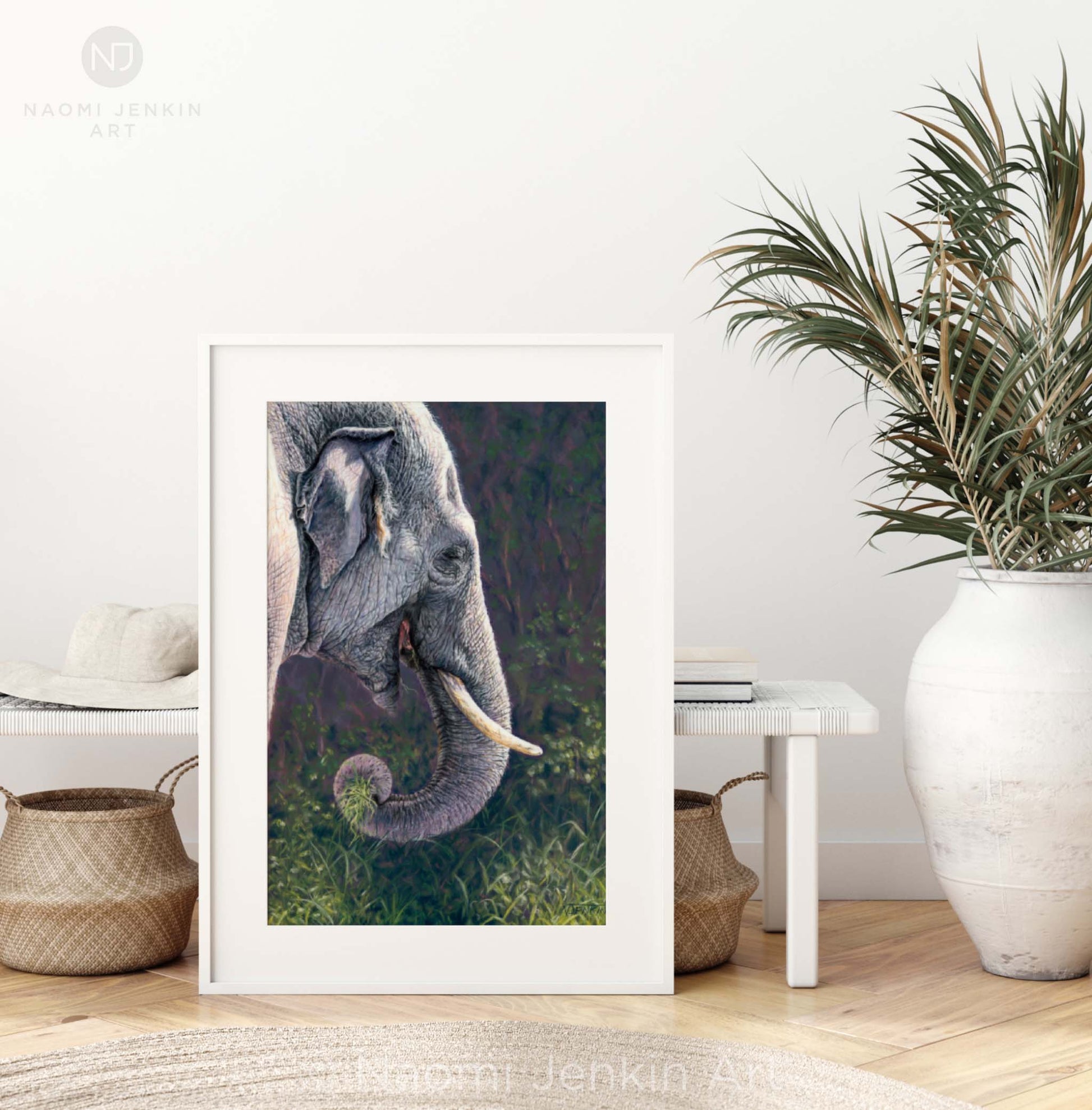 Framed elephant art "Elephant of the Forest" by wildlife artist Naomi Jenkin.