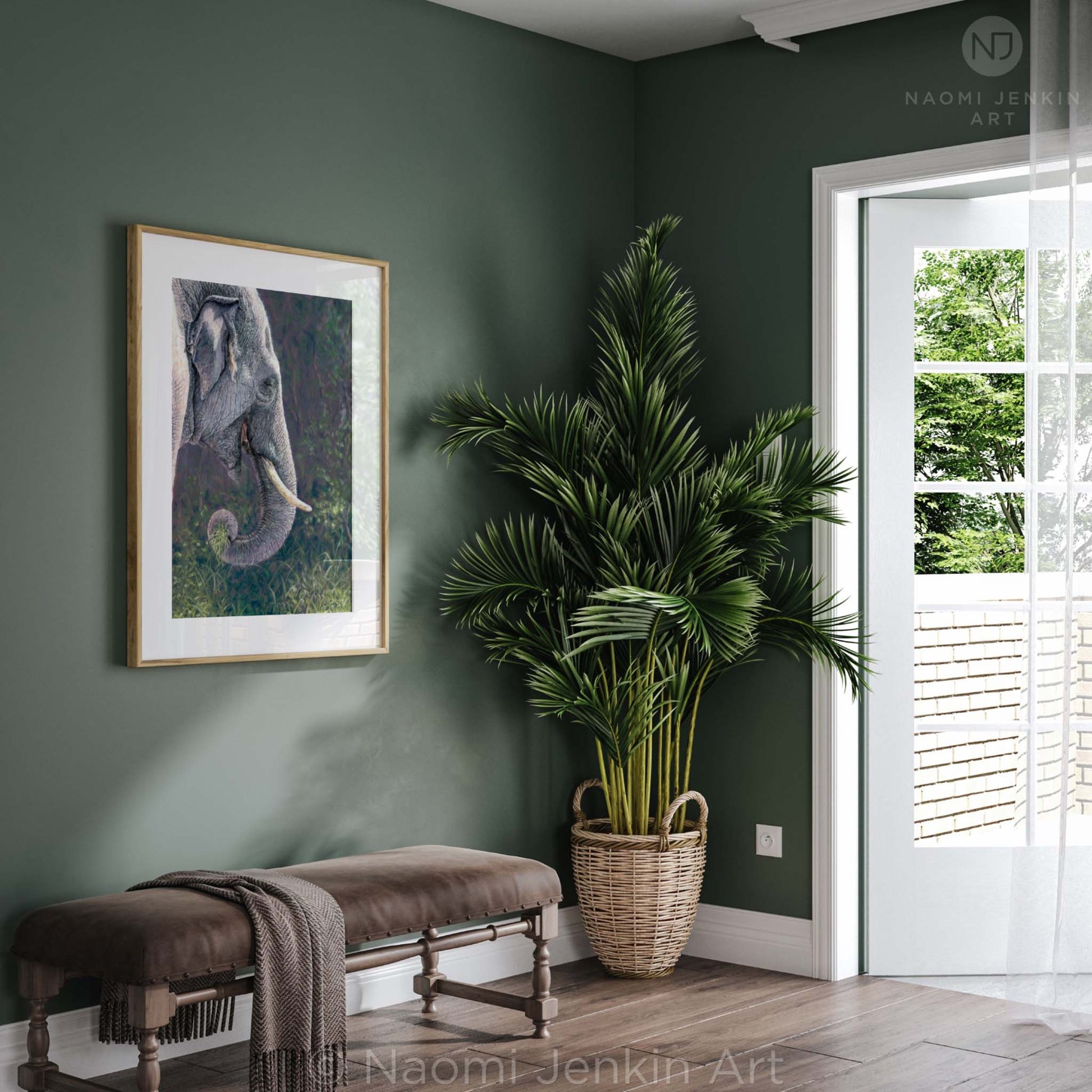 Framed elephant art "Elephant of the Forest" by wildlife artist Naomi Jenkin.