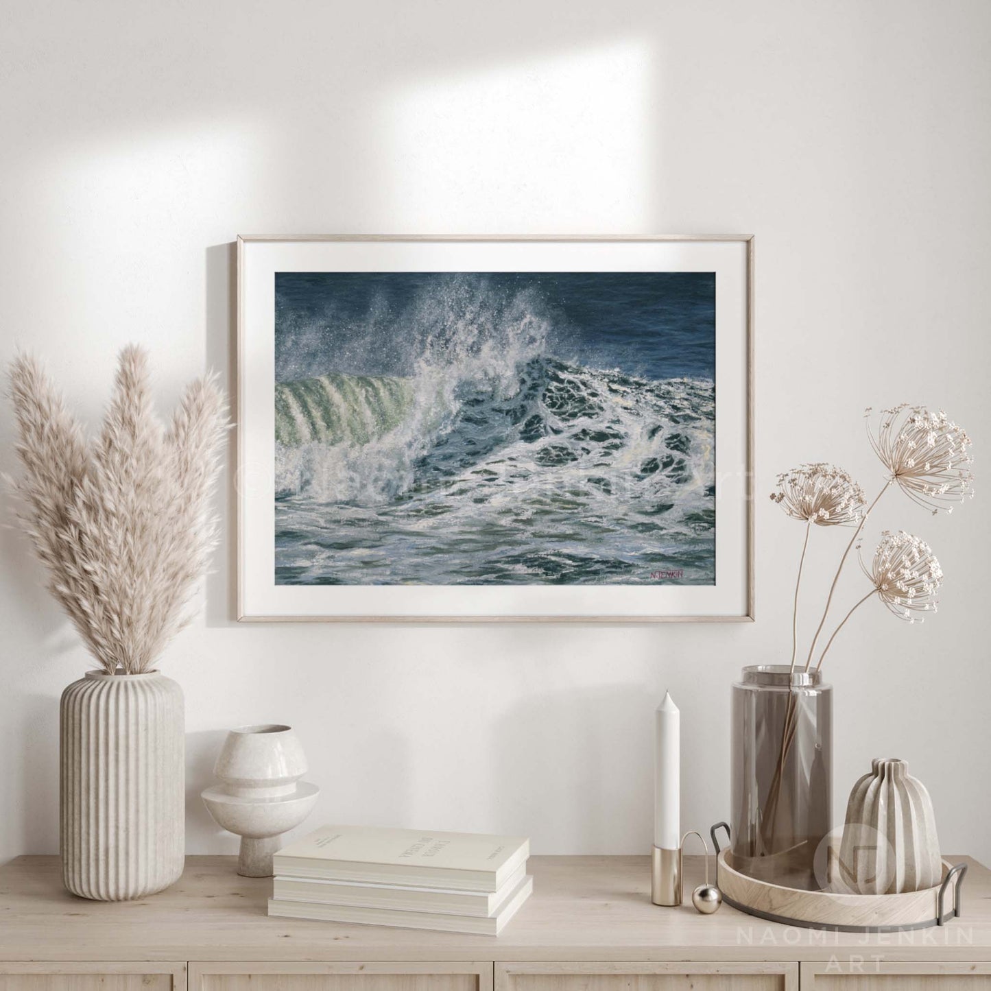 Framed fine art seascape print 'Froth and Spray” on a shelf setting