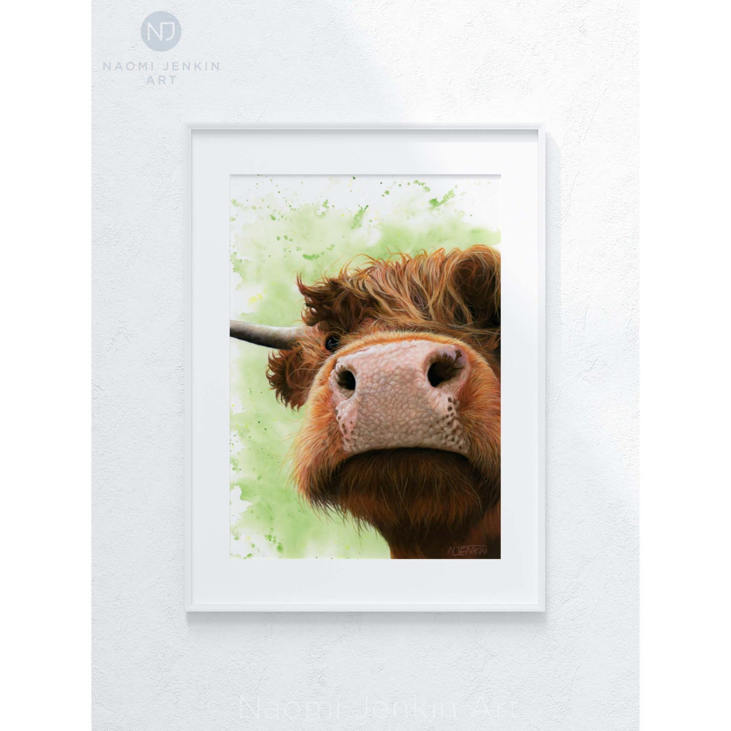 Framed Original Highland Cow drawing by Naomi Jenkin Art.