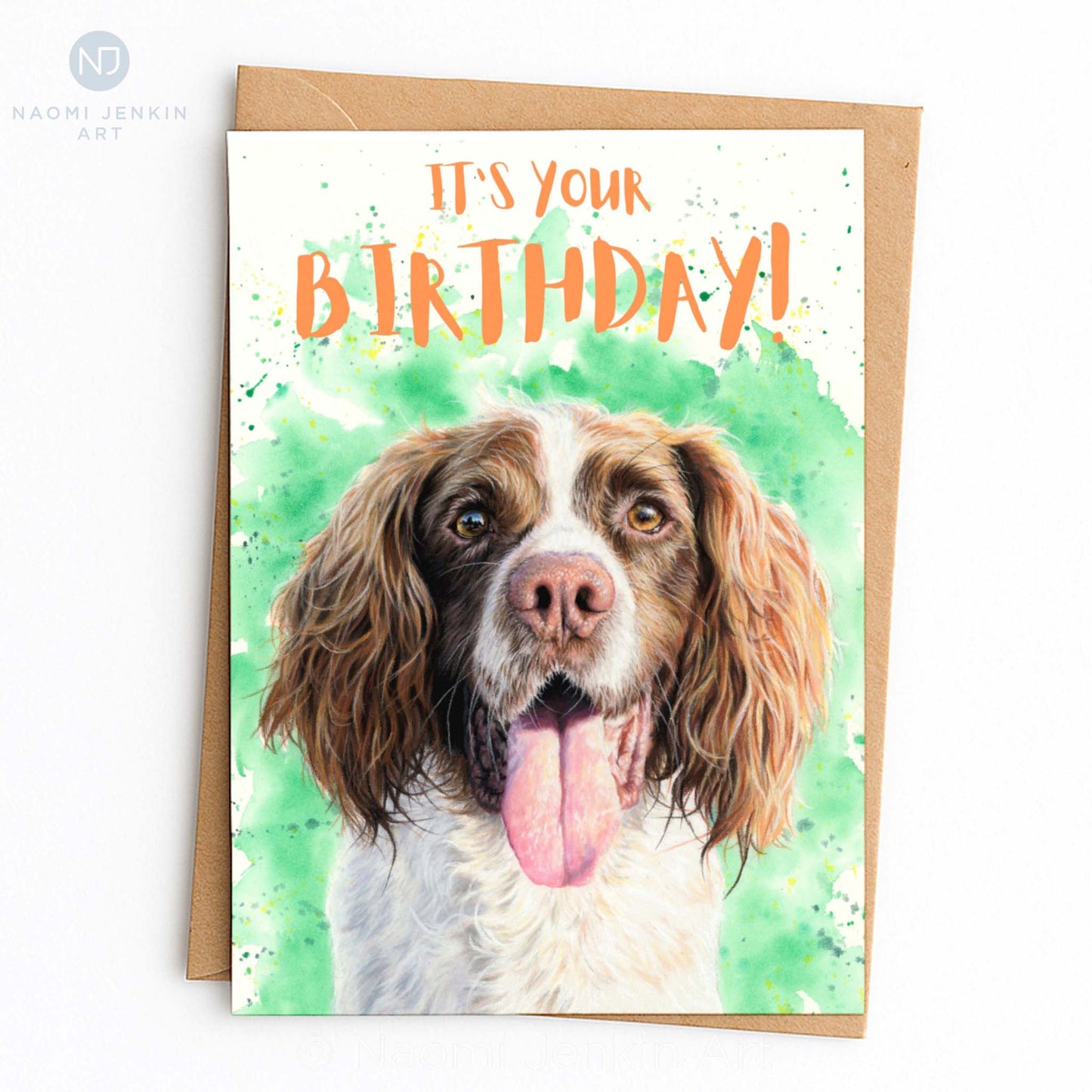 Springer spaniel birthday card by Naomi Jenkin Art.