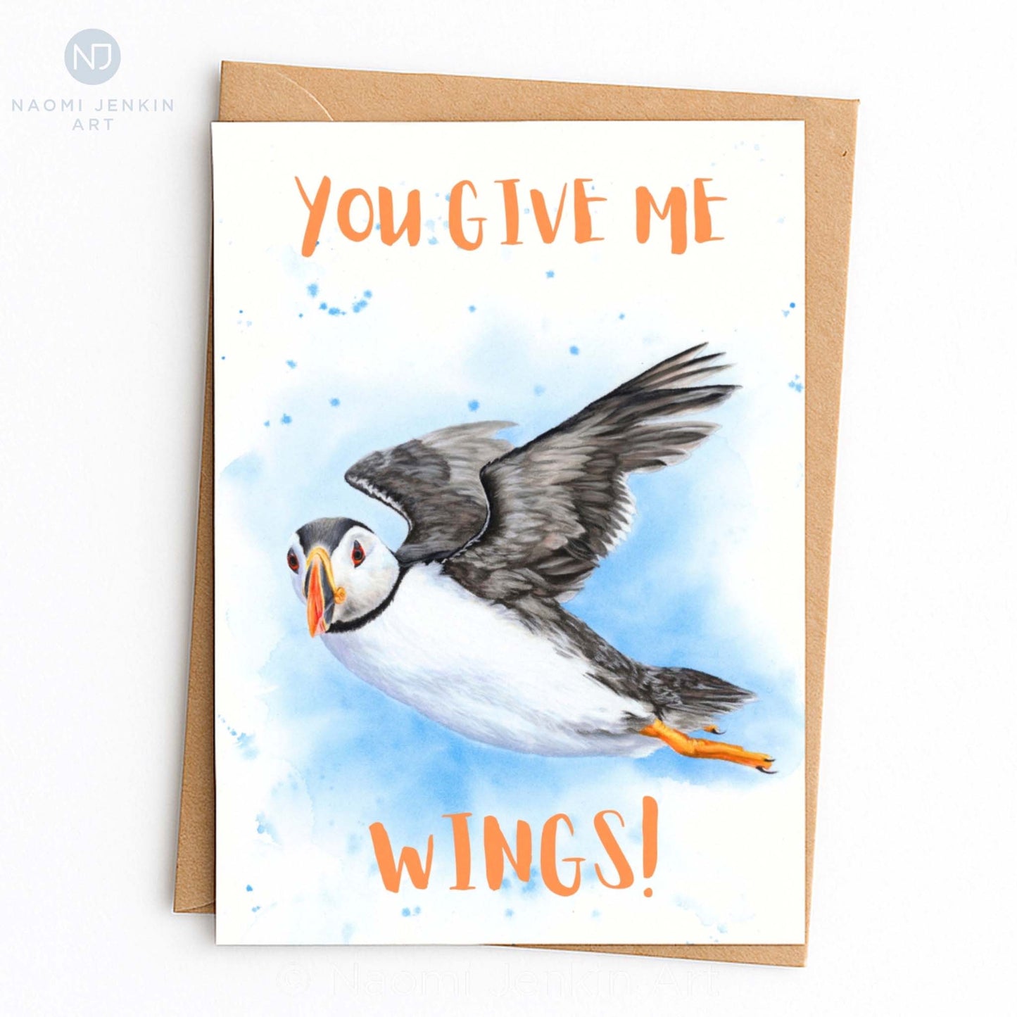 You Give Me Wings - Puffin Valentines Card - by Naomi Jenkin Art