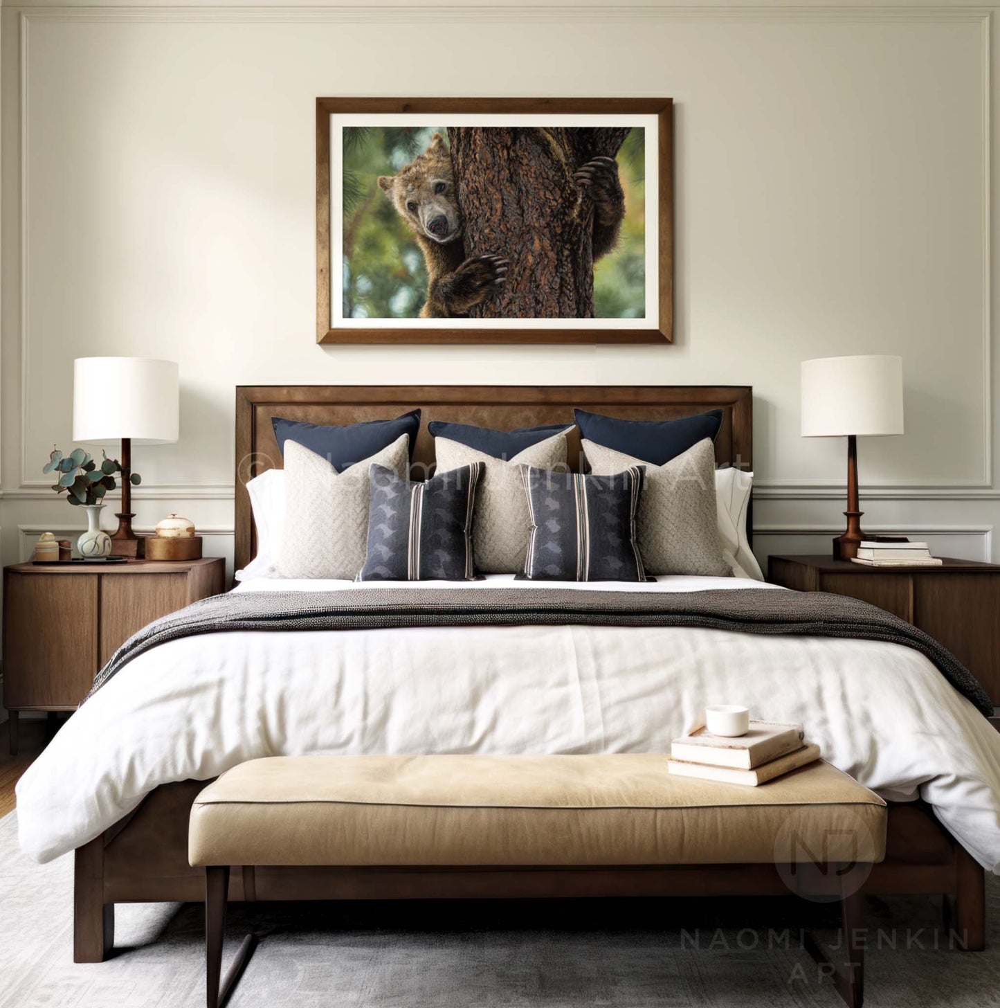 Framed art print of a grizzly bear by Naomi Jenkin Art in a bedroom setting