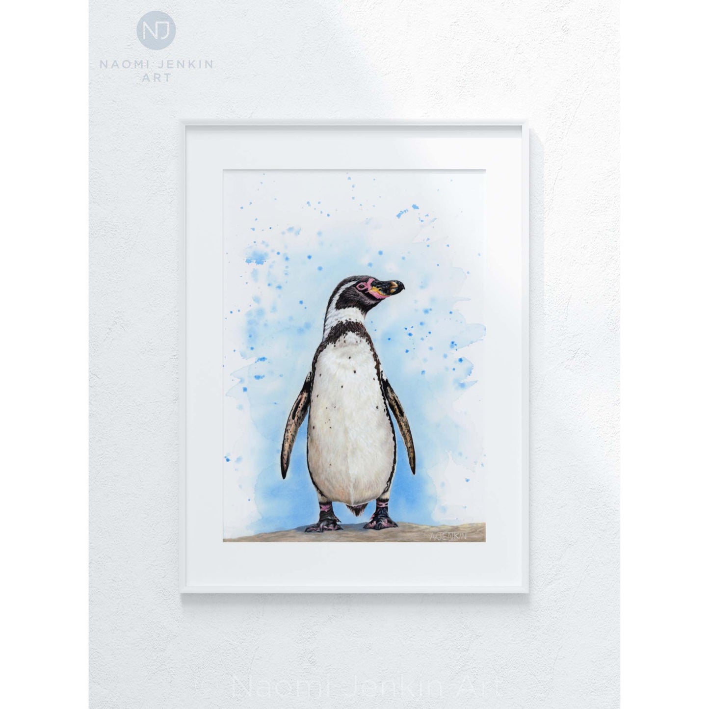 Framed original Humboldt Penguin drawing by Naomi Jenkin Art.