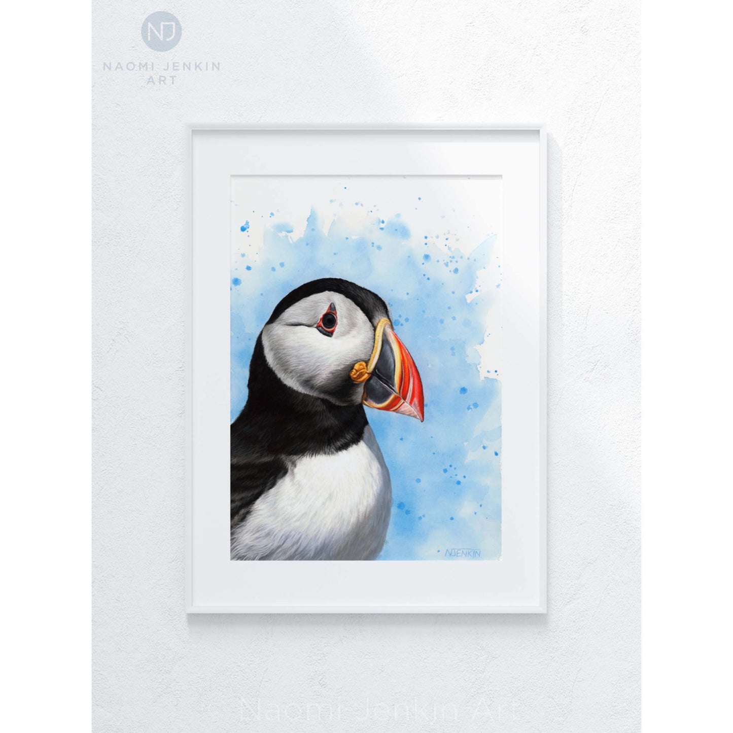 Framed original puffin drawing by Naomi Jenkin Art.