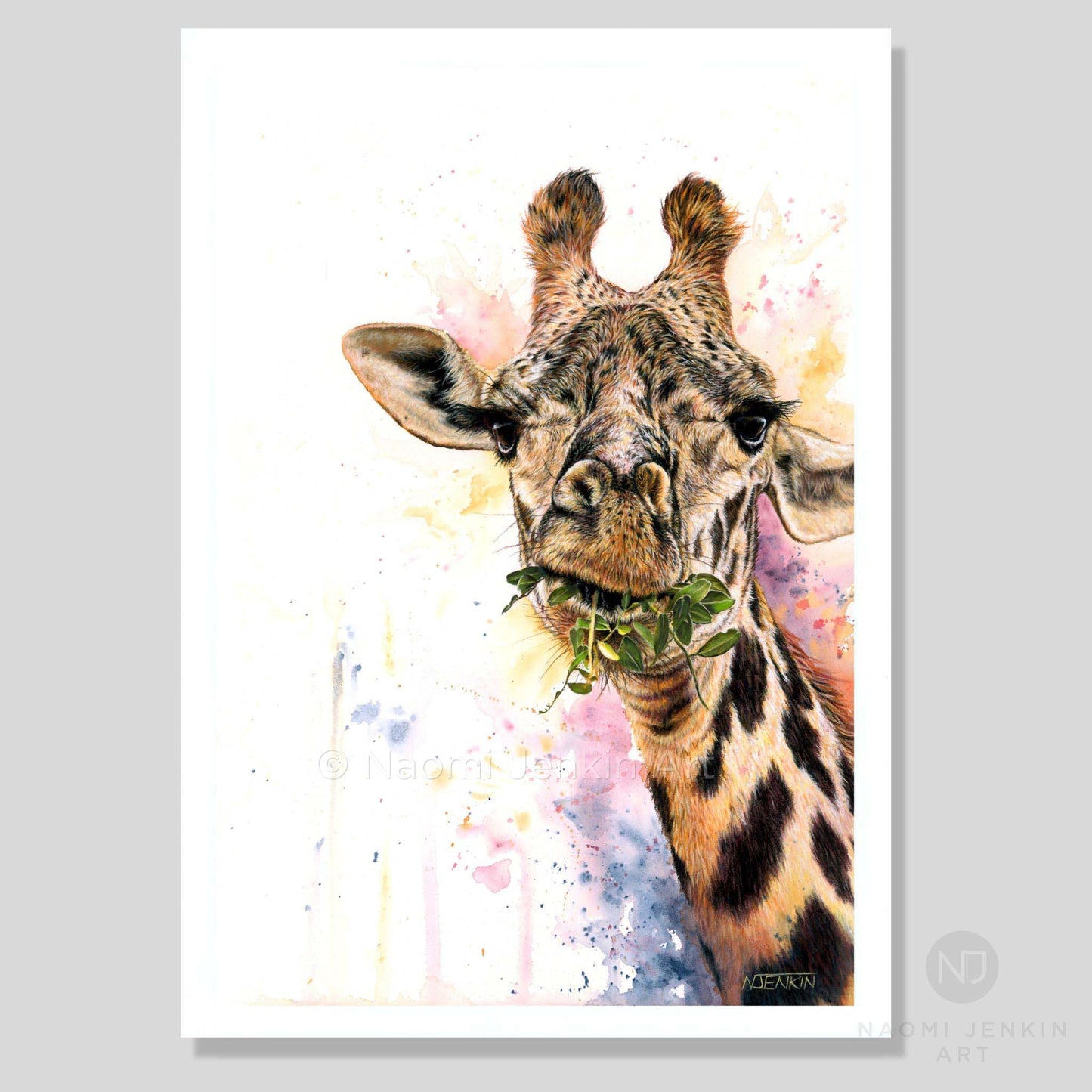 Colourful limited edition giraffe art print "The High Life" by Naomi Jenkin Art