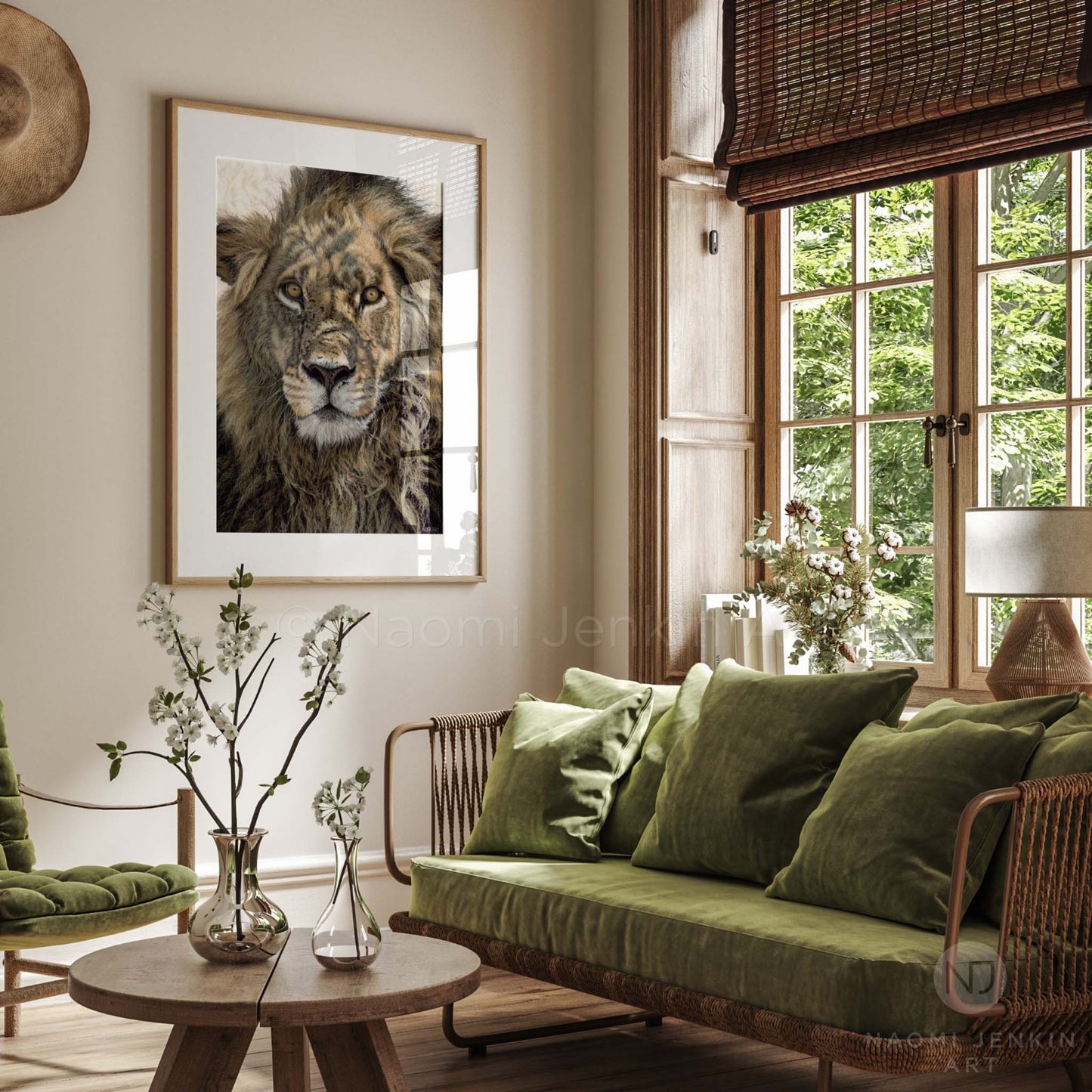 Original lion painting named "Warrior" by wildlife artist Naomi Jenkin Art, displayed on living room wall.