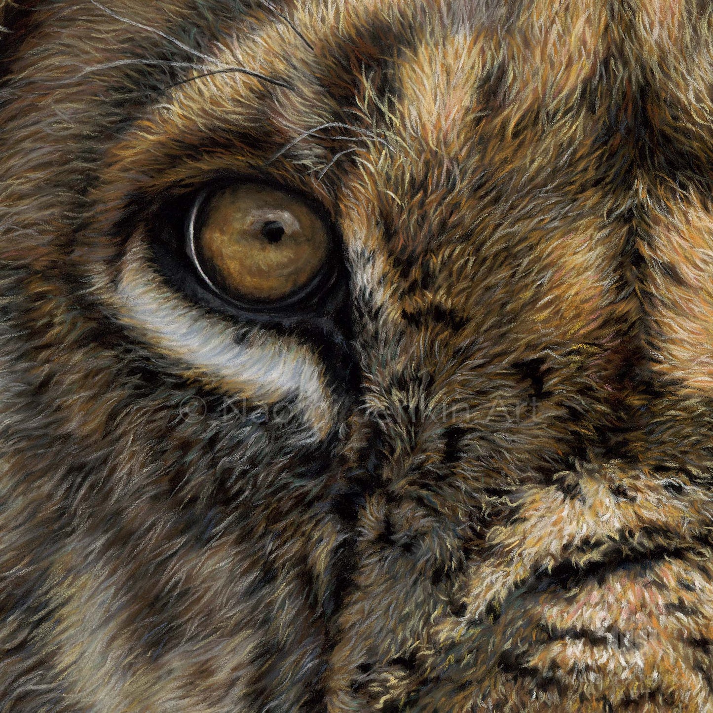 Close up details of an original lion painting titled "Warrior" by Naomi Jenkin Art.