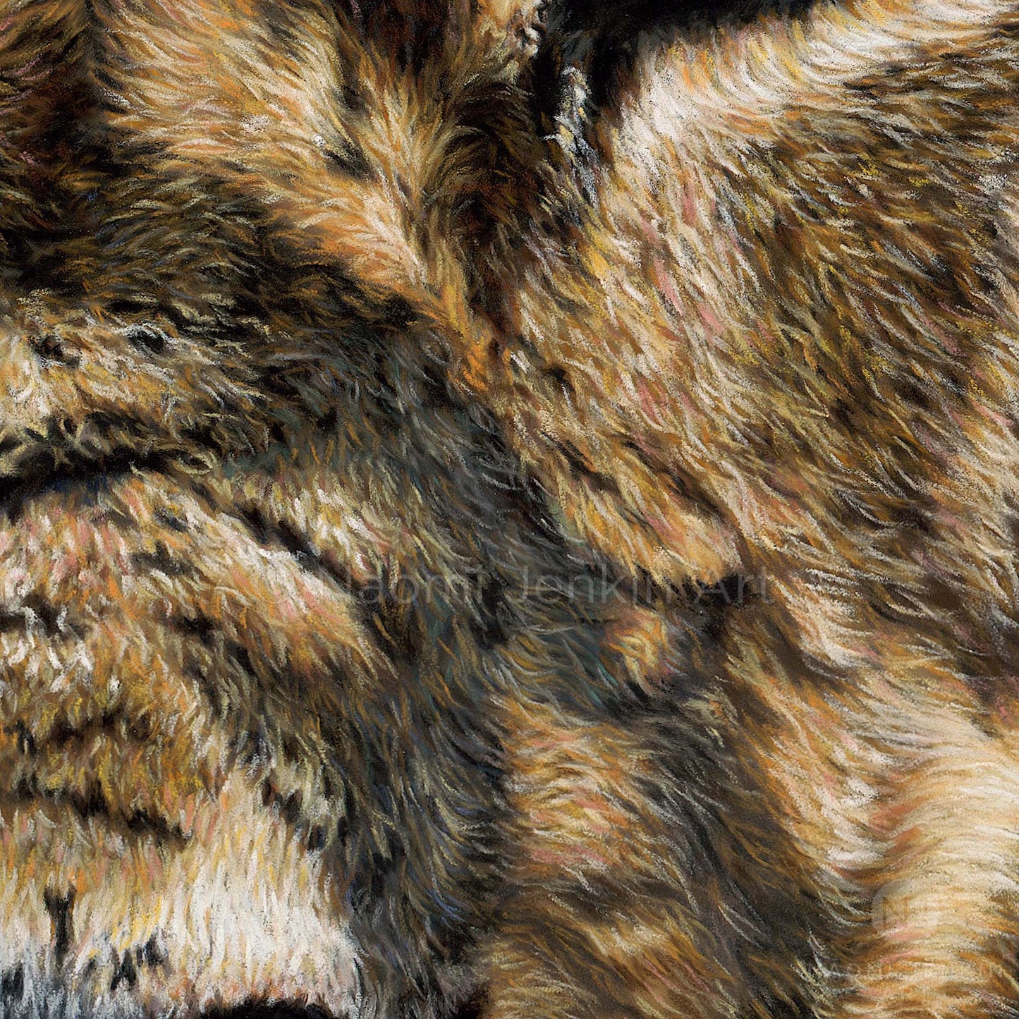 Close up details of an original lion pastel painting titled "Warrior" by Naomi Jenkin Art.
