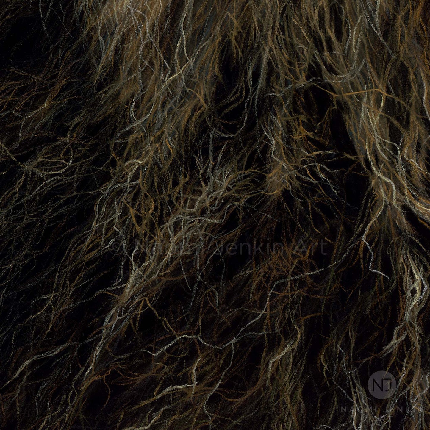 Close up details of an original lion pastel painting titled "Warrior" by Naomi Jenkin Art.