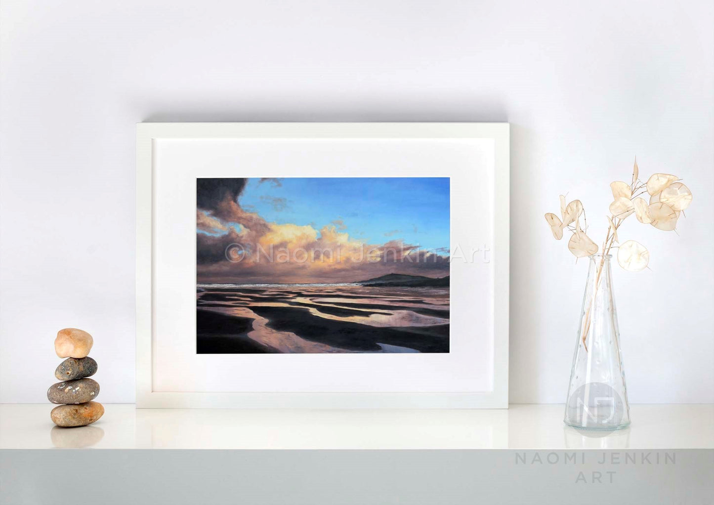 A New Day Dawns' seascape print by artist Naomi Jenkin Art in a white frame
