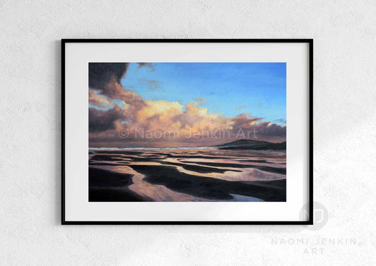 A New Day Dawns' seascape print by artist Naomi Jenkin Art in a black frame