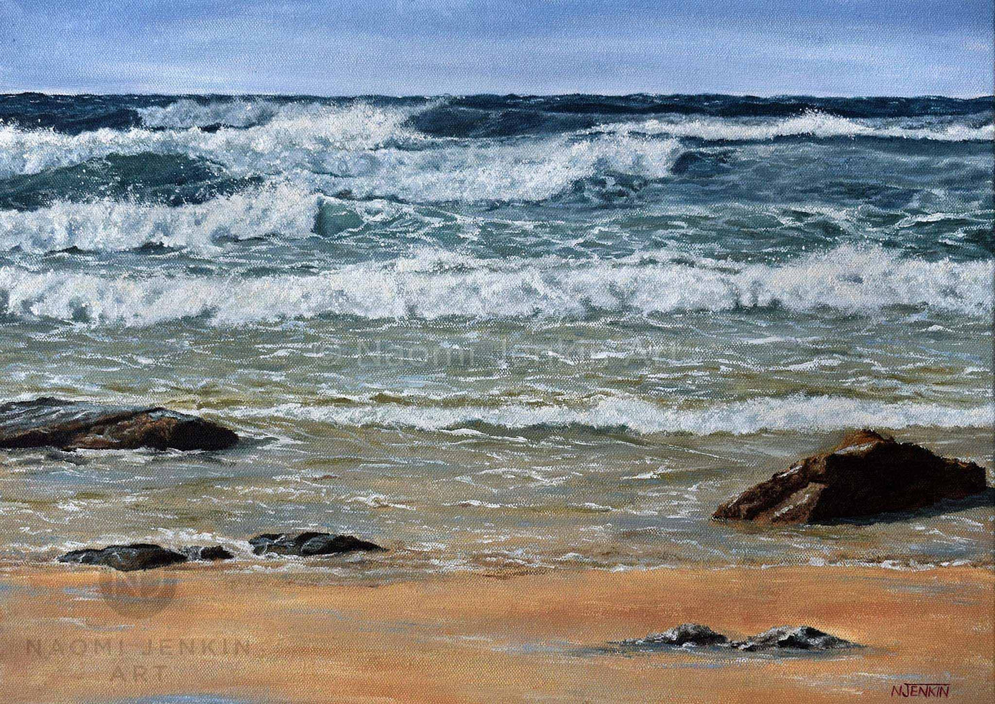 Seascape print of Watergate Bay by artist Naomi Jenkin Art