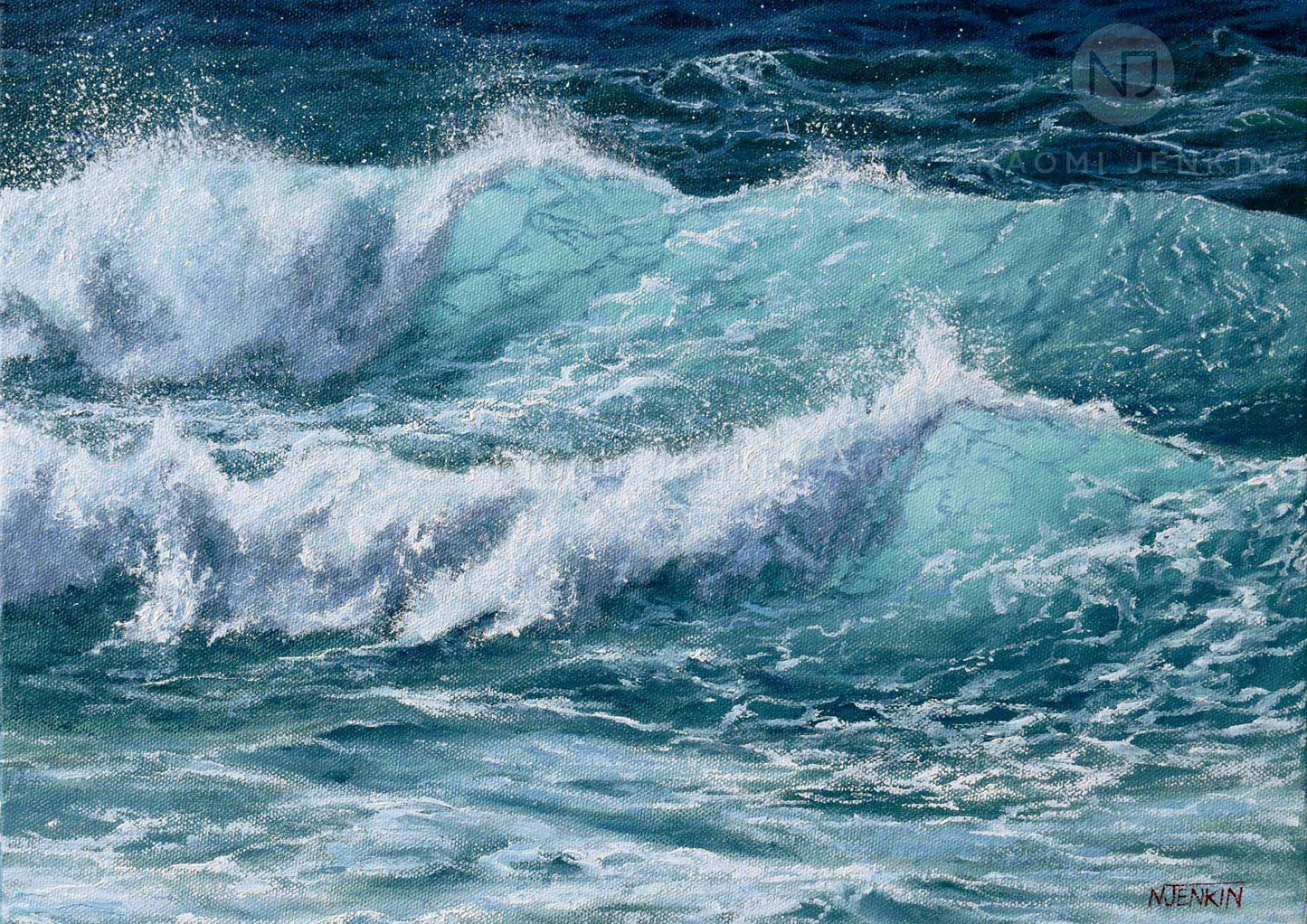 Close up painting of curling waves by seascape artist Naomi Jenkin