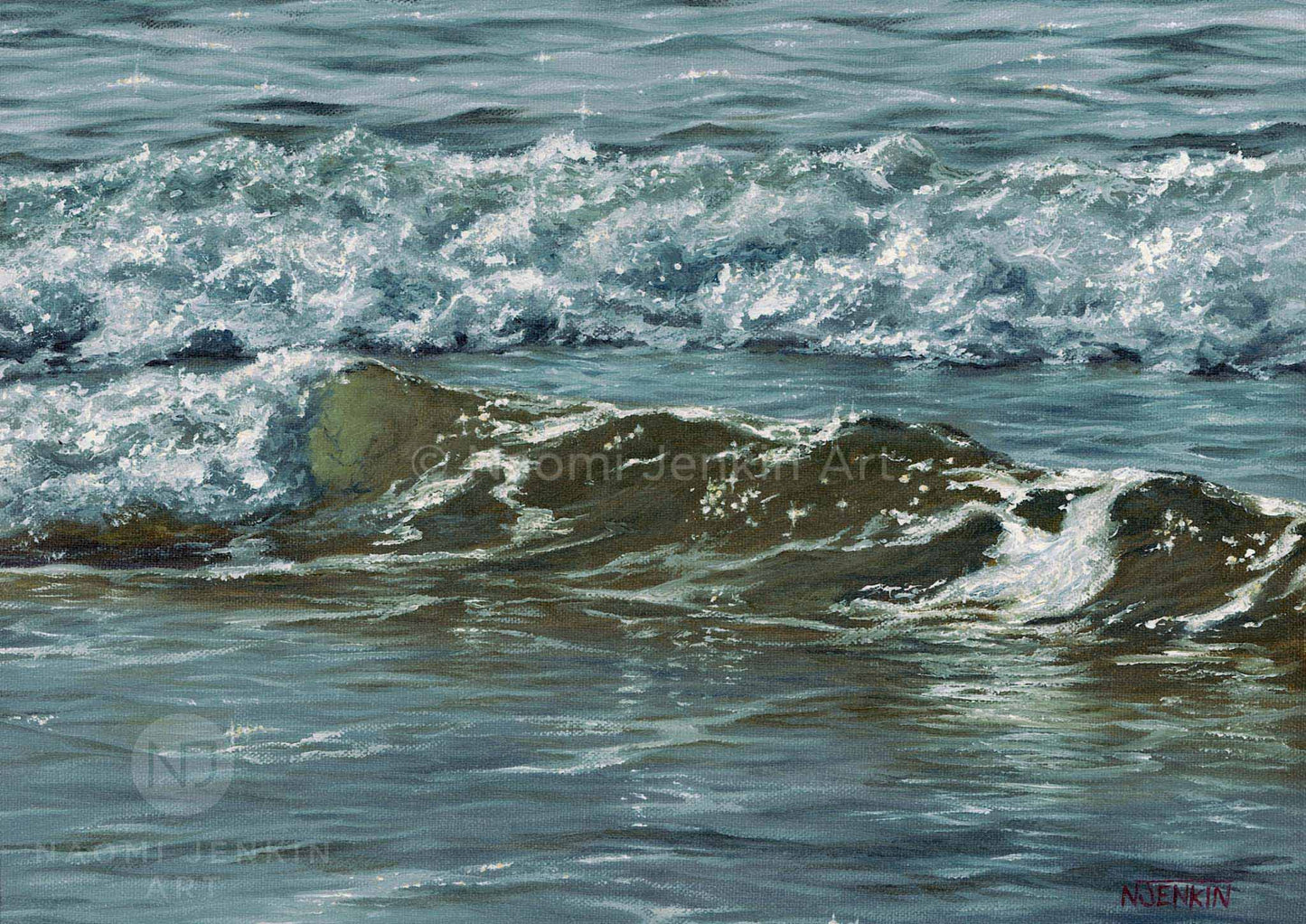 Close up painting of two little waves mixed with calm waters by seascape artist Naomi Jenkin