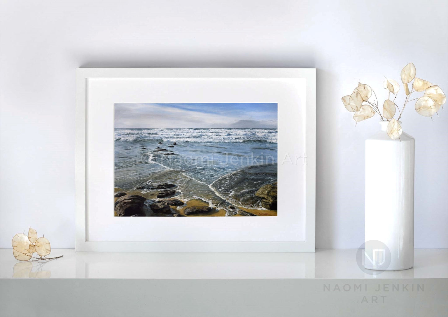Beach print of Watergate Bay Cornwall by Naomi Jenkin Art.