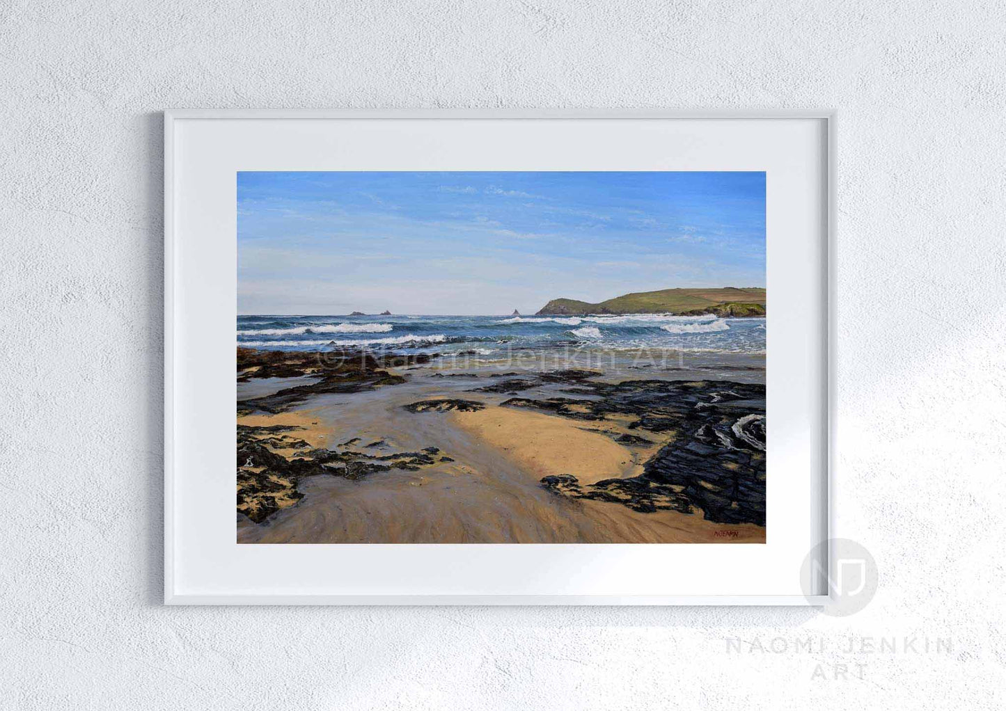 Framed beach print of Constantine Bay by seascape artist Naomi Jenkin Art