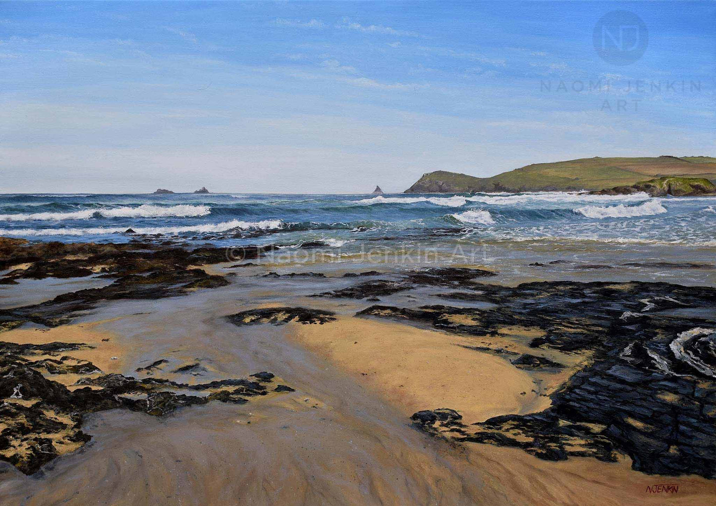 Seascape painting of Constantine Bay's 'Receding Tide' by artist Naomi Jenkin Art