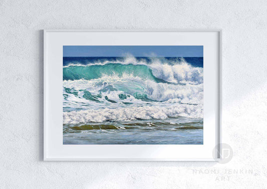 Seascape print by artist Naomi Jenkin featuring a turquoise wave breaking on the shore