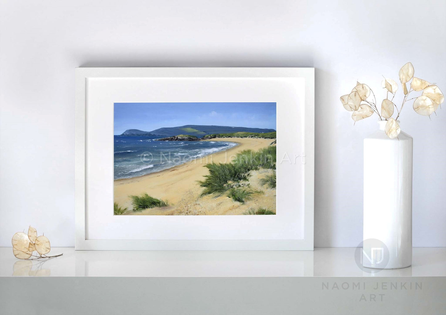 Framed beach print of Constantine Bay Cornwall by Naomi Jenkin Art