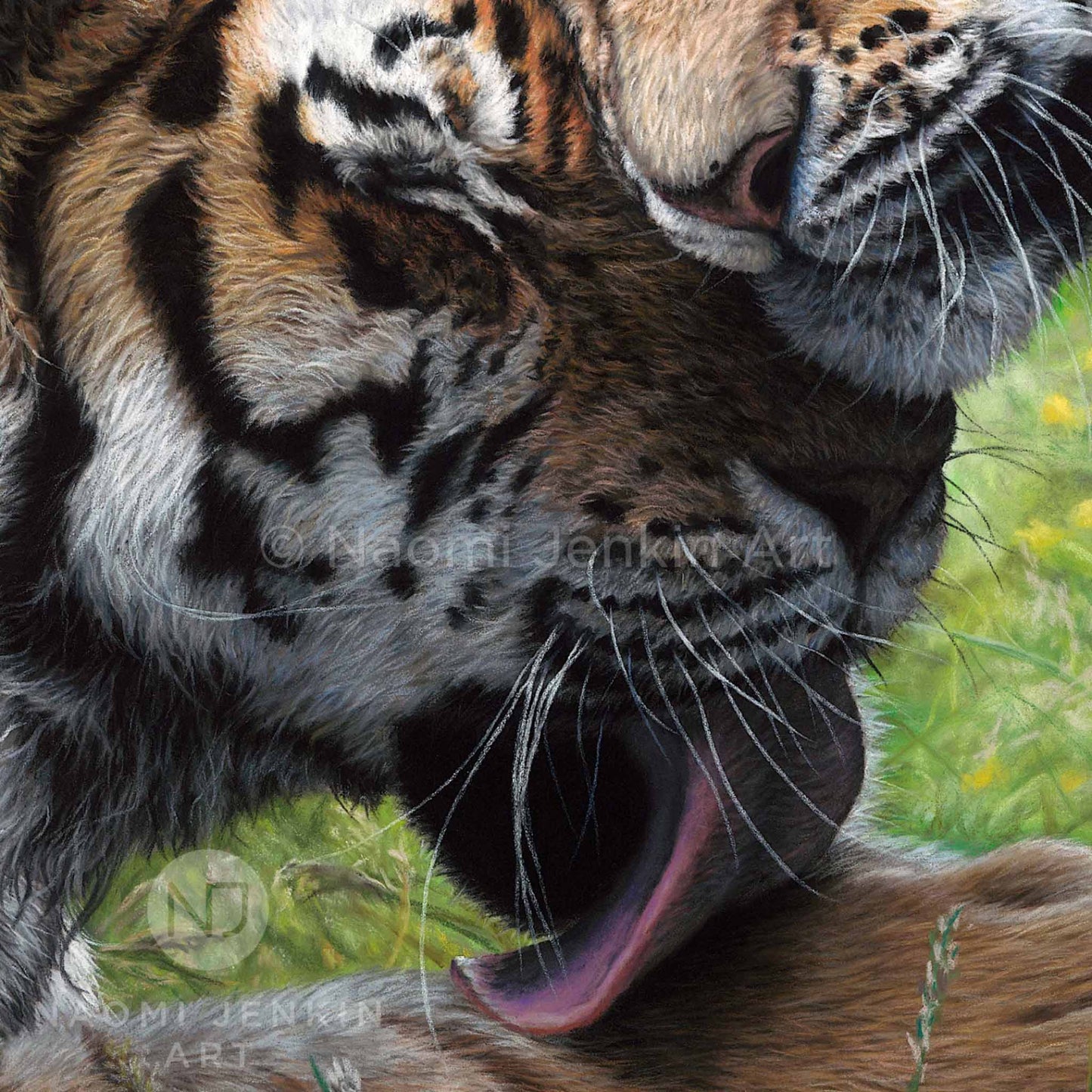 Close up of two tigers from the painting 'Devotion' by wildlife artist Naomi Jenkin