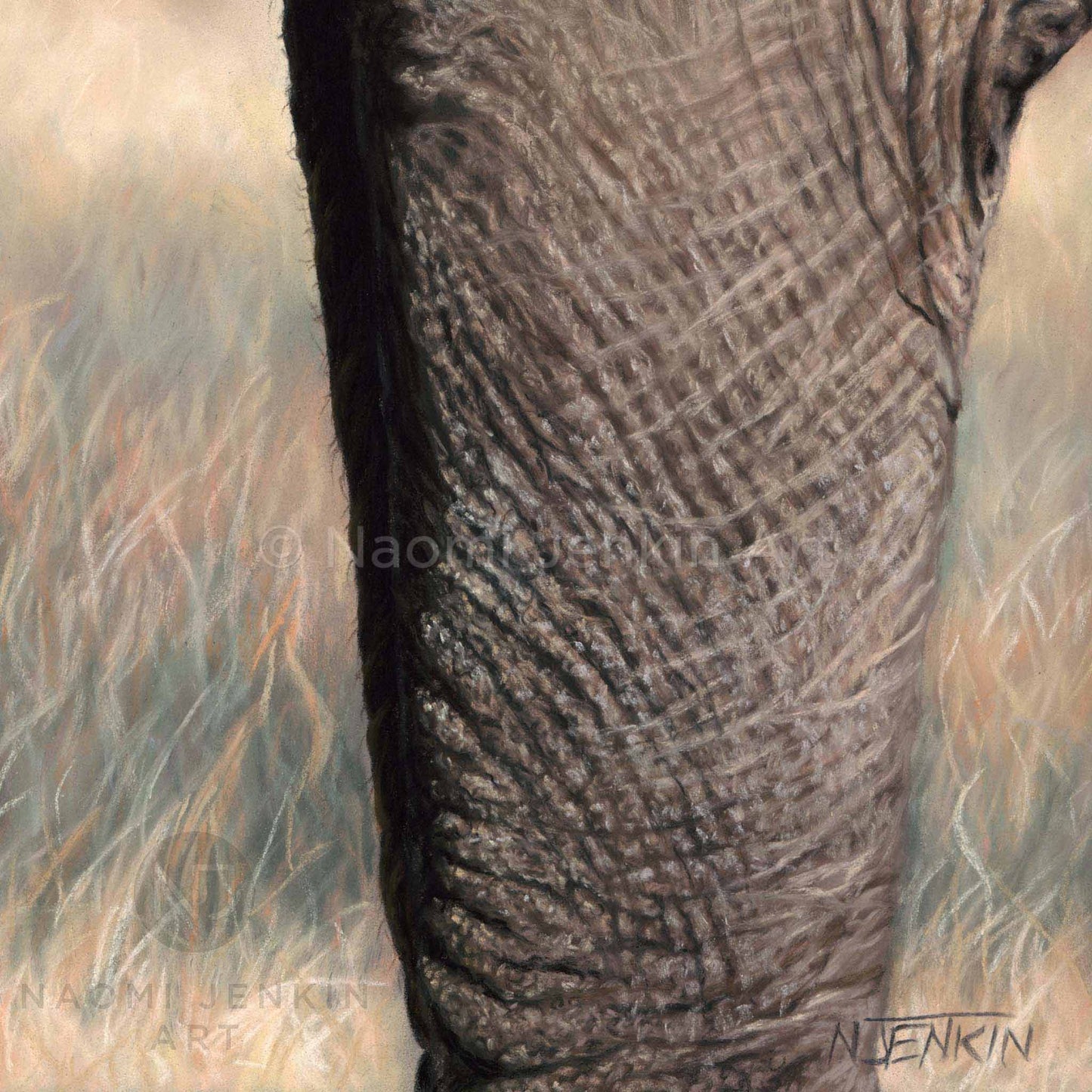 Detailed artwork close up from the original 'Little and Large' elephant painting by Naomi Jenkin