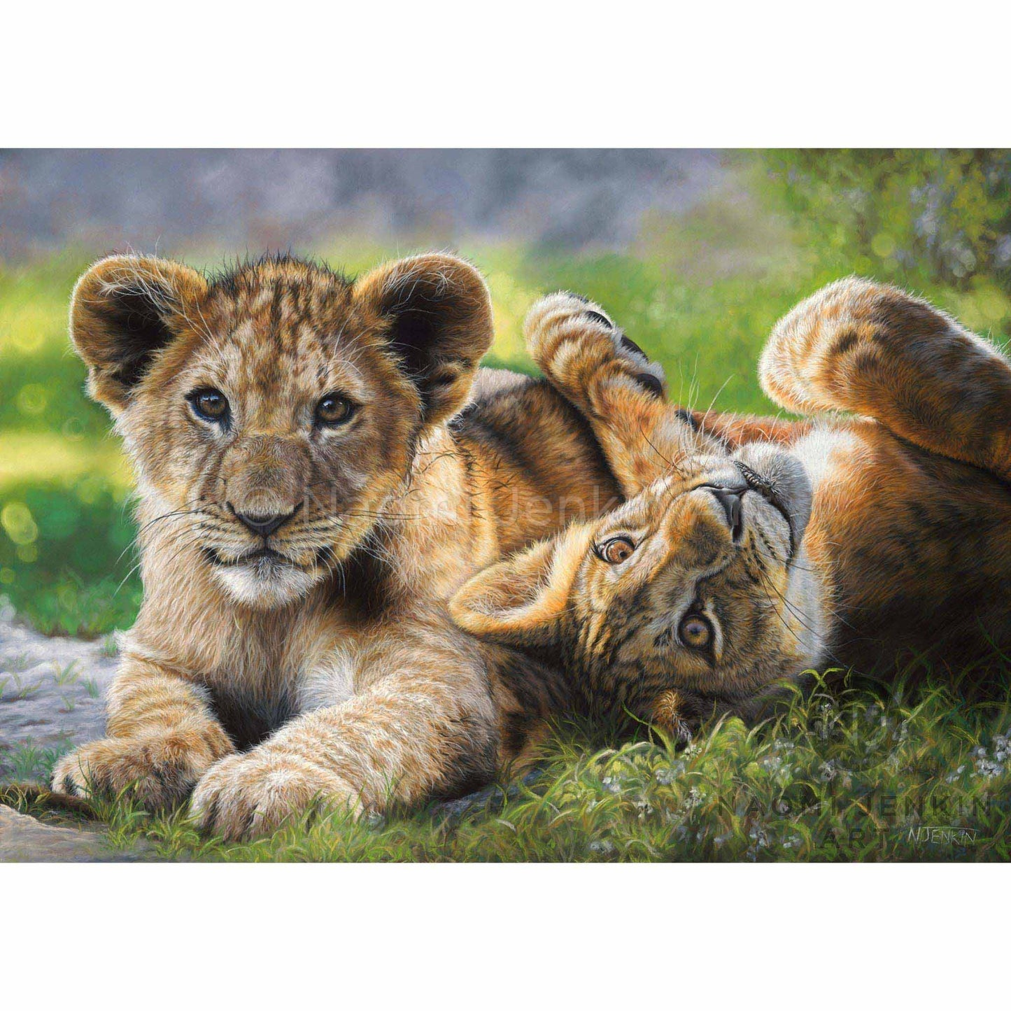 Original lion painting 'Lyin Around' by wildlife artist Naomi Jenkin.