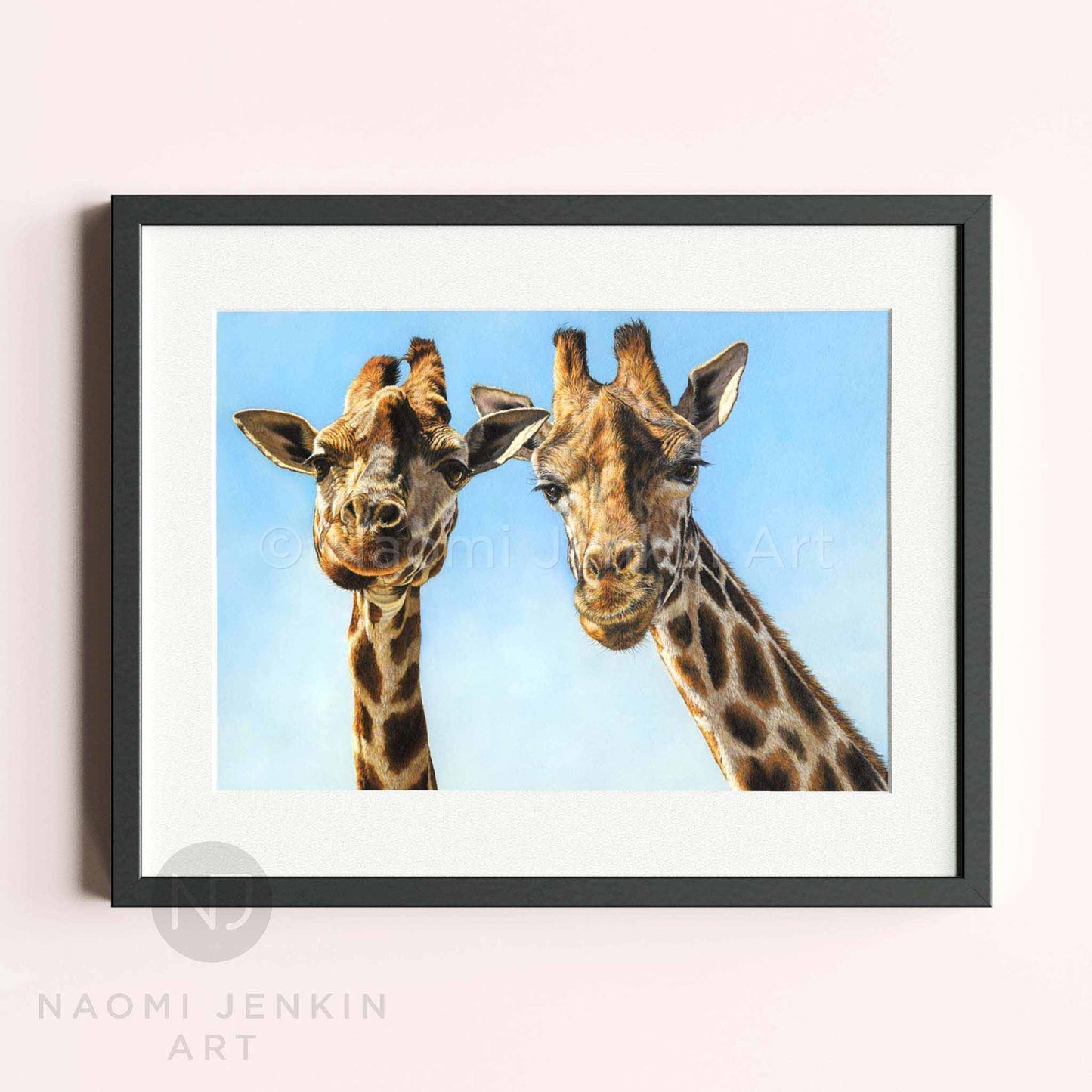 Framed original giraffe painting 'Neck and Neck' by wildlife artist Naomi Jenkin