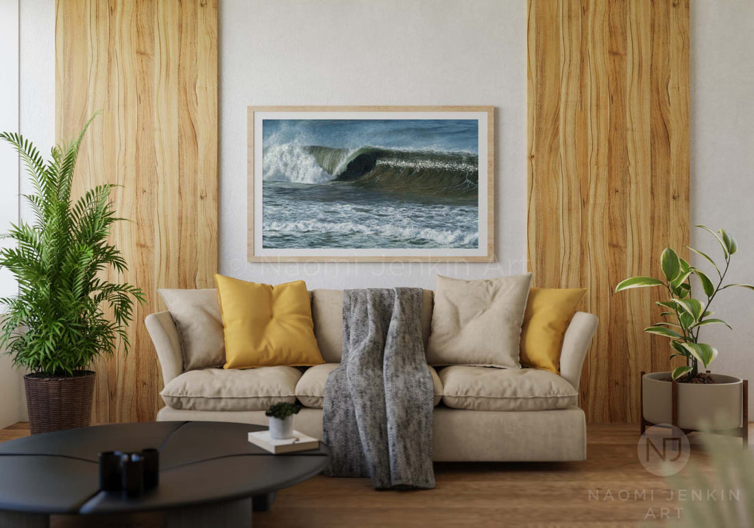 Seascape art by Naomi Jenkin in a living room setting. 