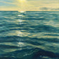 Original oil painting of a calm ocean under a bright setting sun, with light reflecting off the rippled water surface. The sky is a soft yellow and blue, and the sea is deep teal and blue-green. Painted on canvas by Naomi Jenkin. 