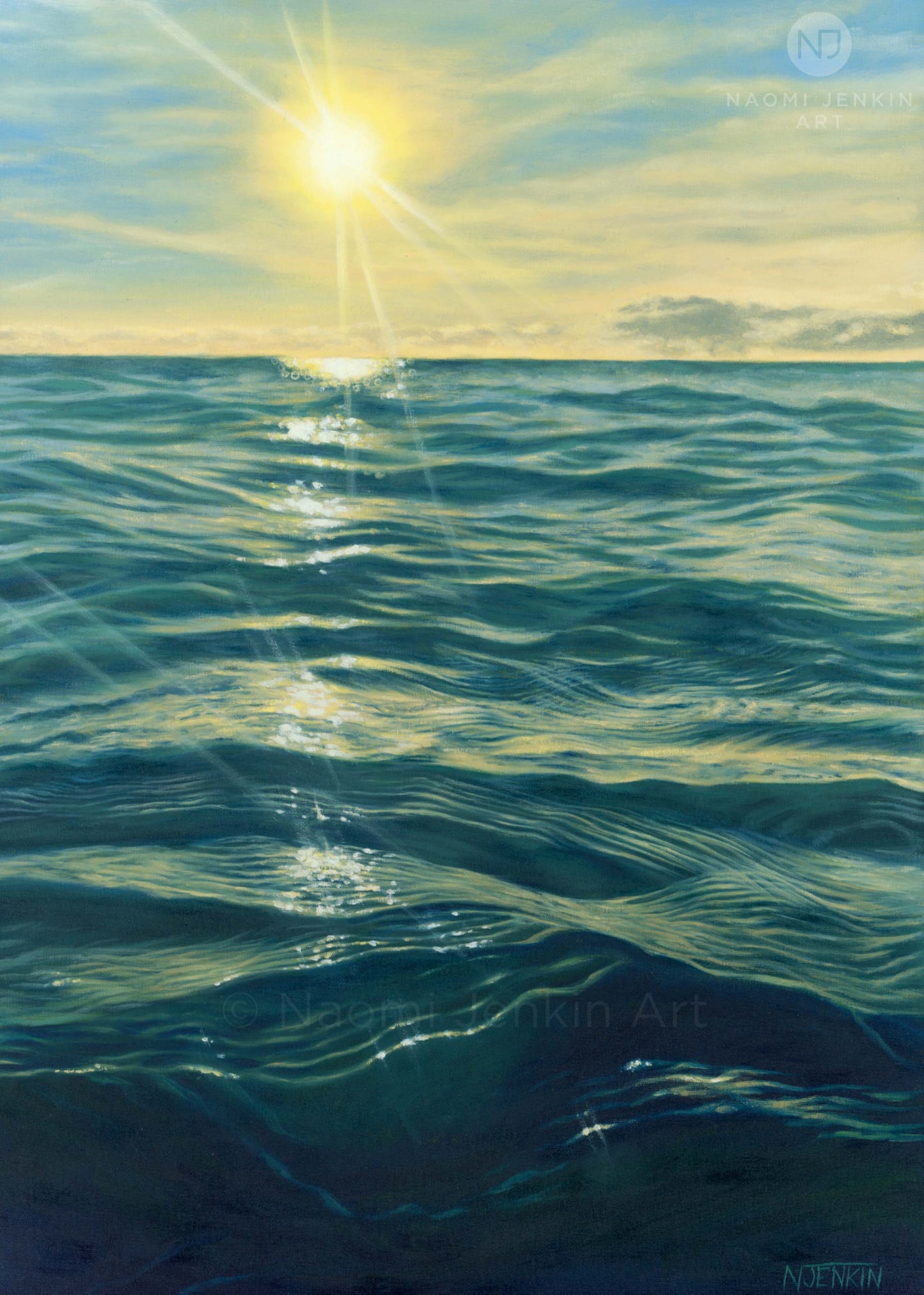 Original oil painting of a calm ocean under a bright setting sun, with light reflecting off the rippled water surface. The sky is a soft yellow and blue, and the sea is deep teal and blue-green. Painted on canvas by Naomi Jenkin. 