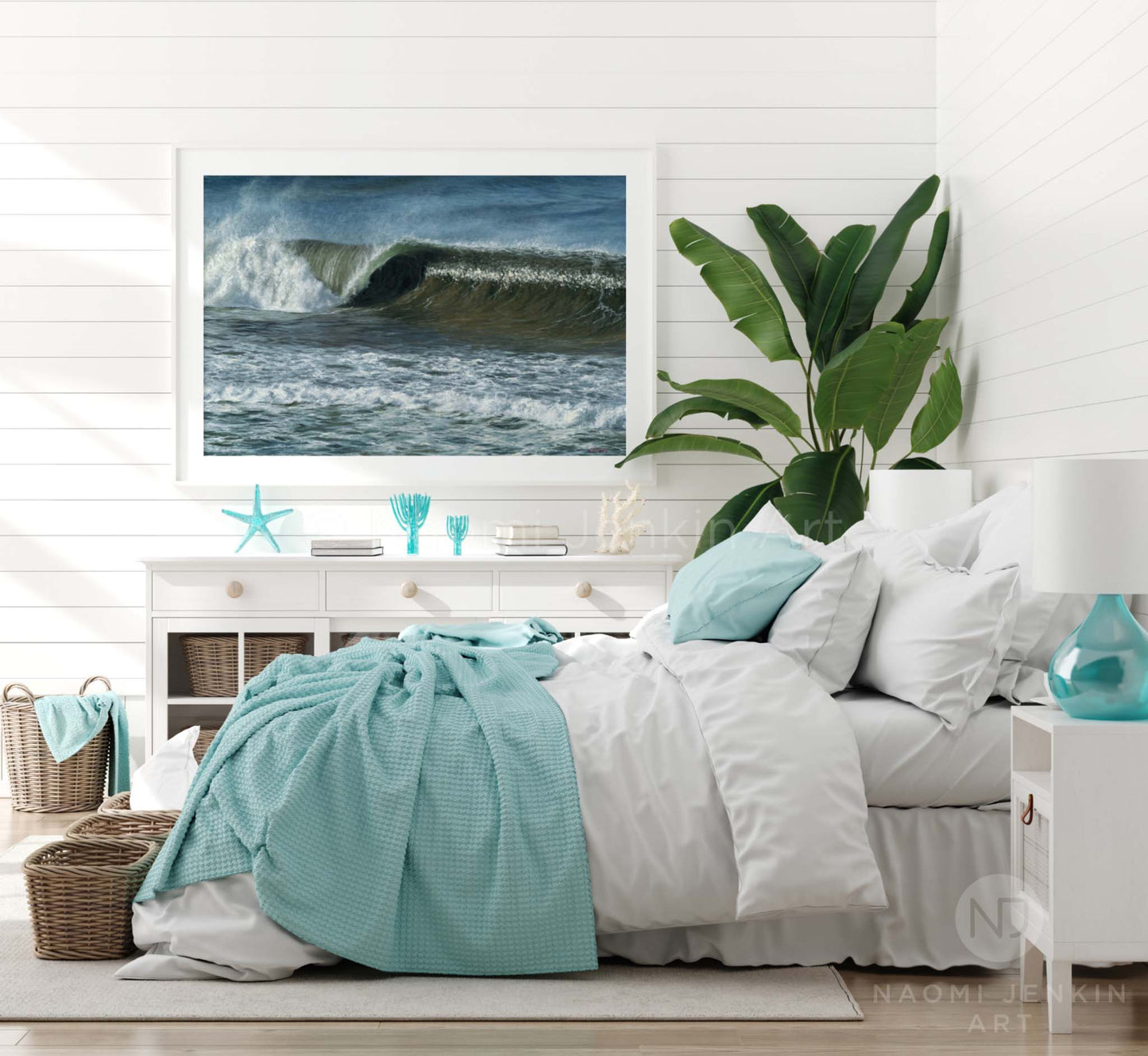 Framed wave print 'A Perfect Tube' in a bedroom setting by seascape artist Naomi Jenkin Art
