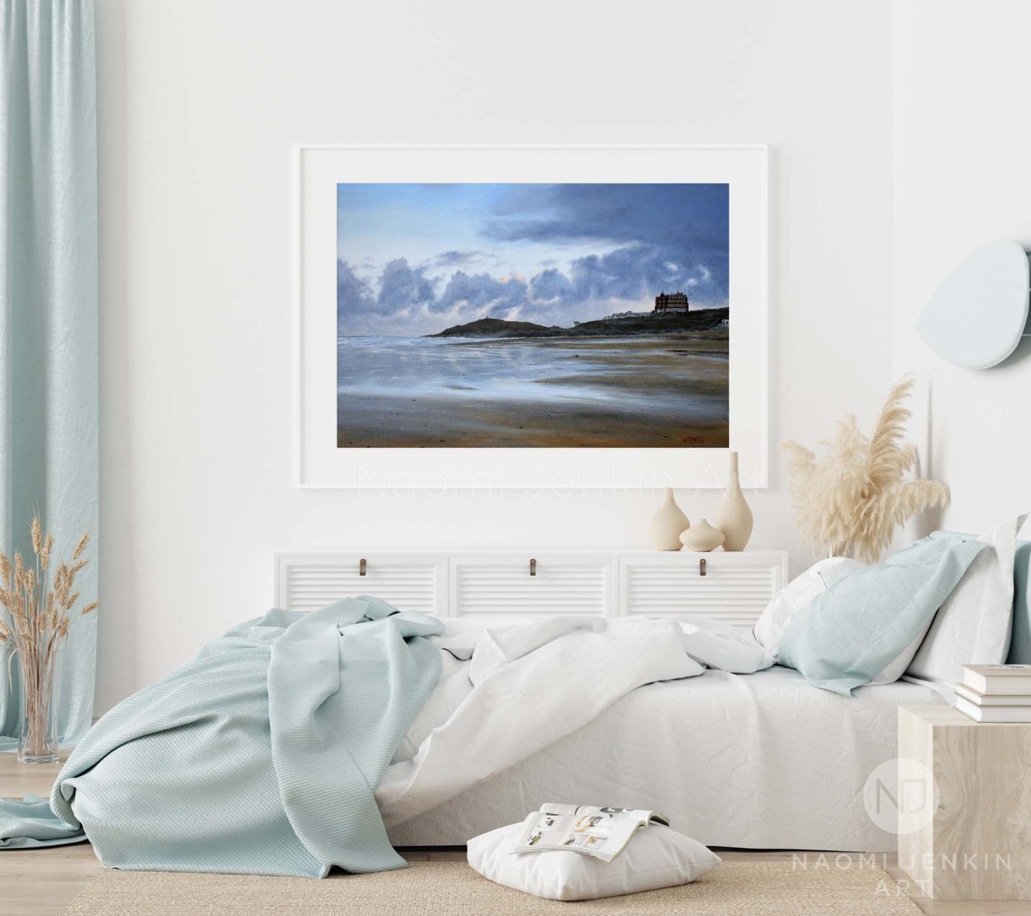 Beach print 'Dawn Over Fistral' by Naomi Jenkin Art in a bedroom setting.