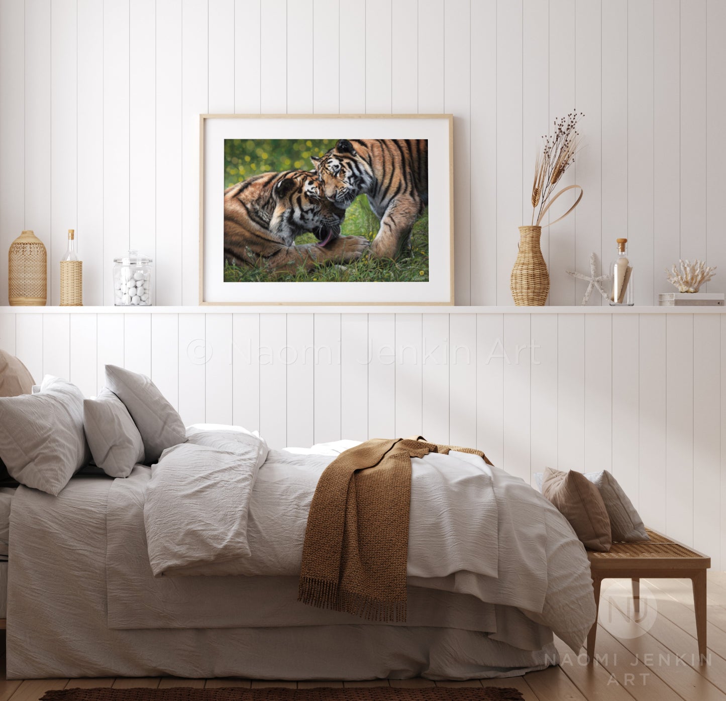 Framed tiger art print in a bedroom setting by Naomi Jenkin Art